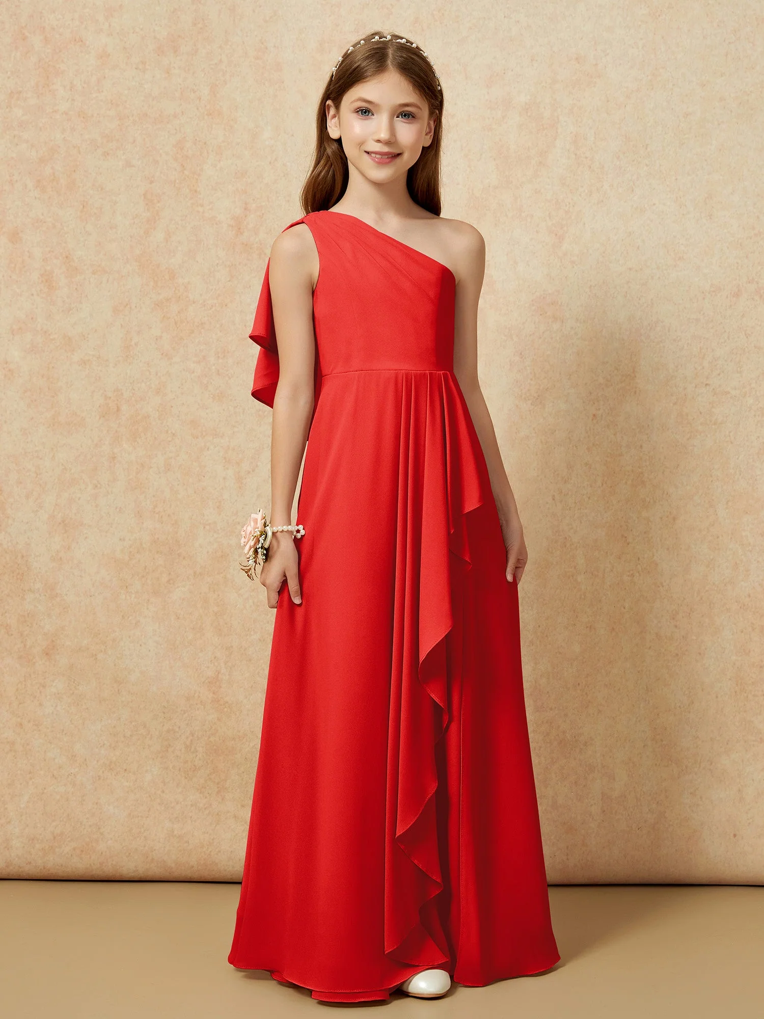 Eine Schulter A-Linie Lang Chiffon Junge Brautjungfernkleider Rot - Image 4