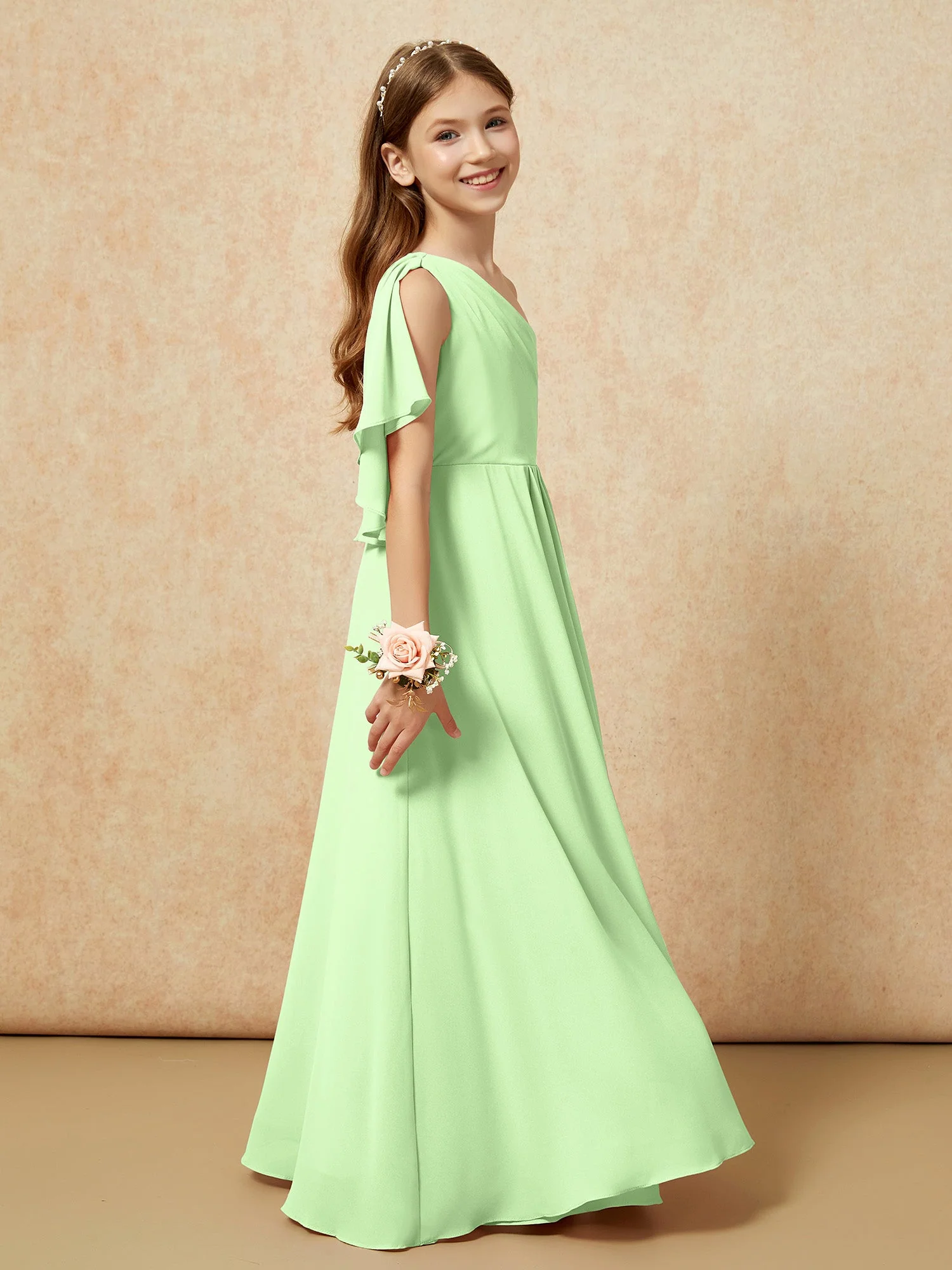 Eine Schulter A-Linie Lang Chiffon Junge Brautjungfernkleider Salbei - Image 2
