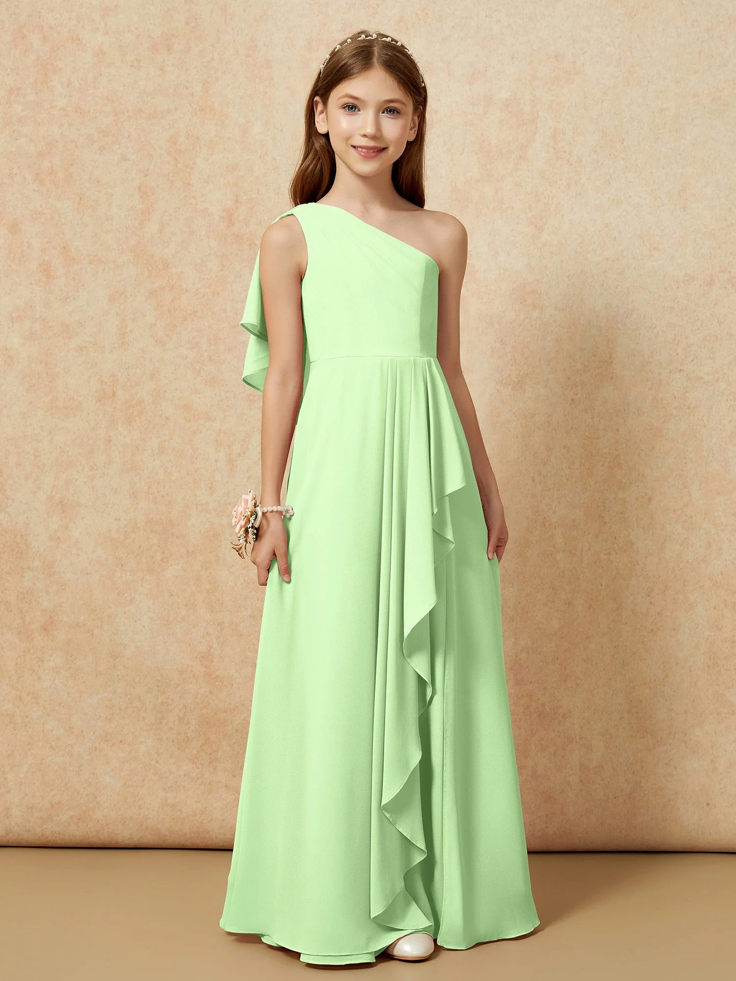 Eine Schulter A-Linie Lang Chiffon Junge Brautjungfernkleider Salbei - Image 4