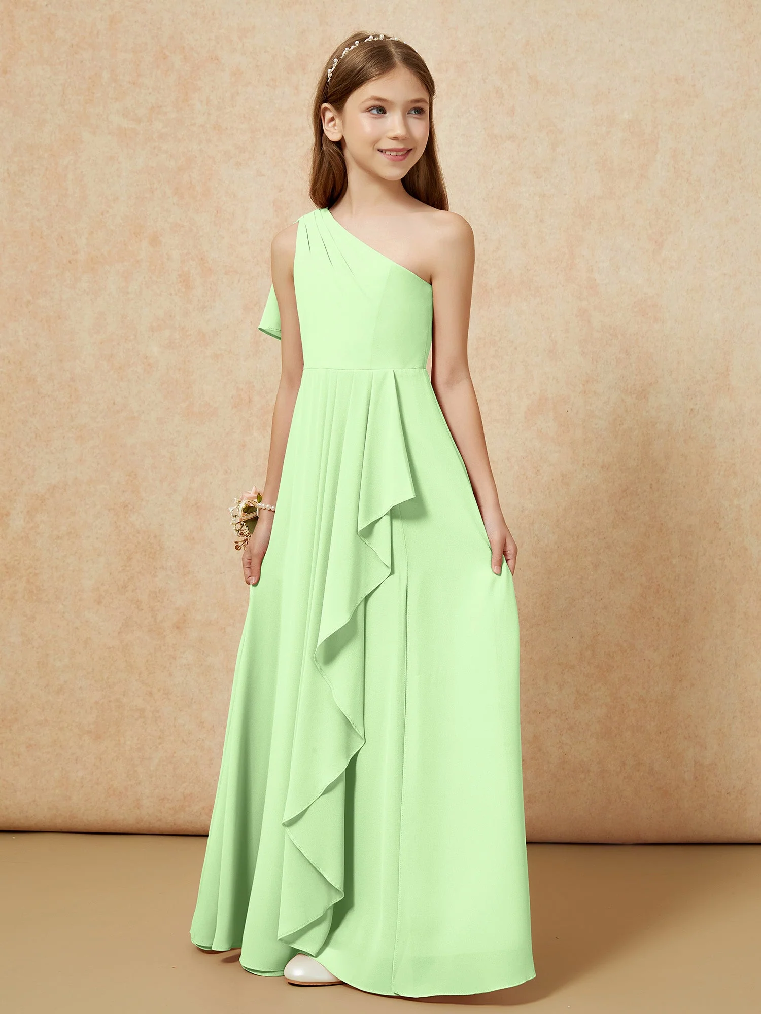 Eine Schulter A-Linie Lang Chiffon Junge Brautjungfernkleider Salbei - Image 5