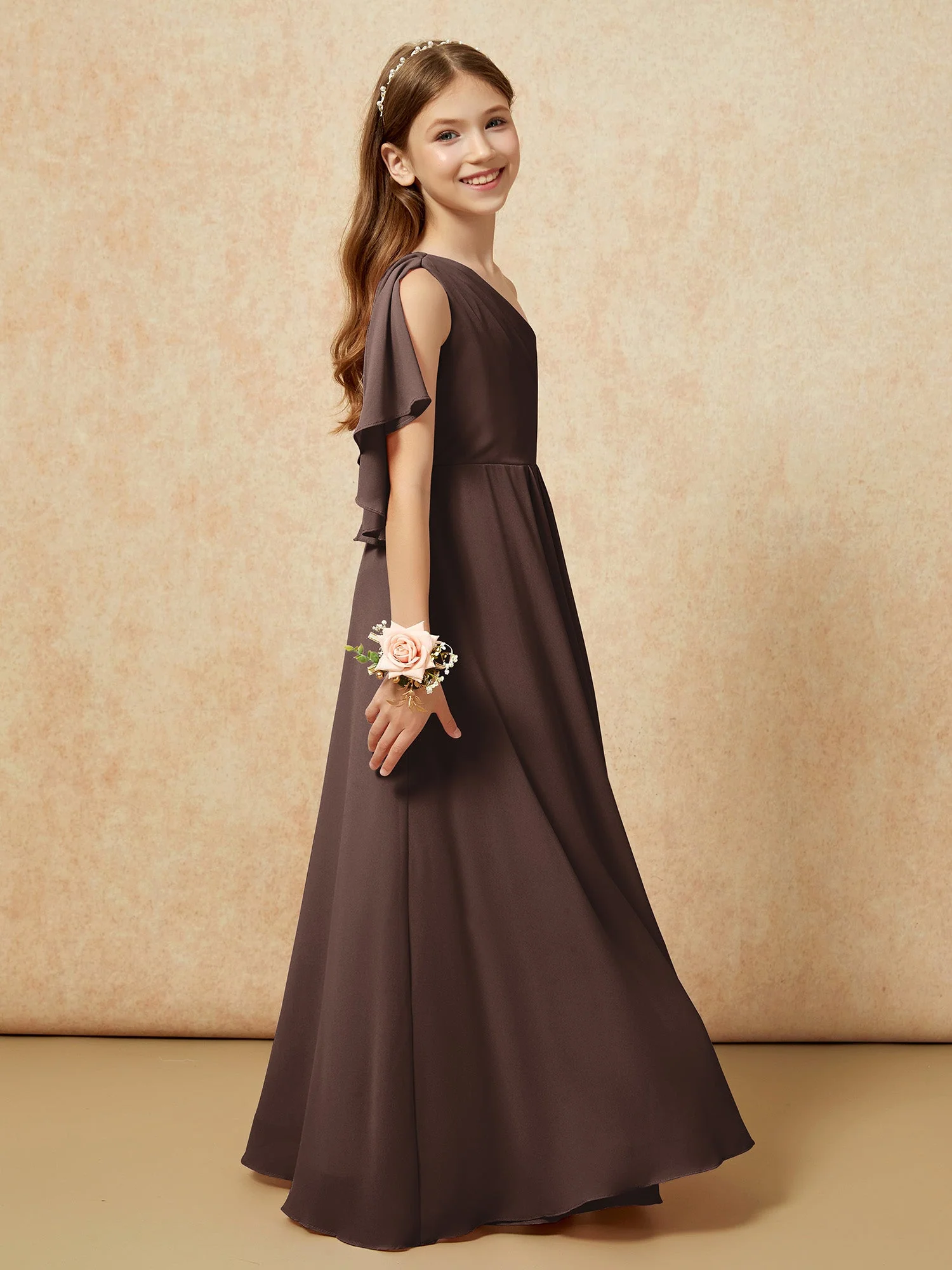 Eine Schulter A-Linie Lang Chiffon Junge Brautjungfernkleider Schokolade - Image 2