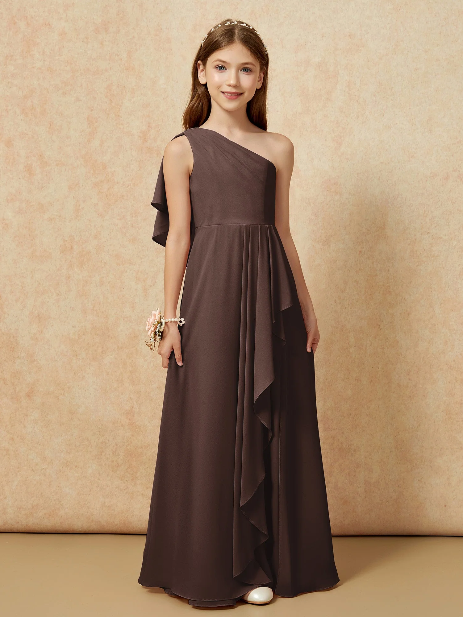 Eine Schulter A-Linie Lang Chiffon Junge Brautjungfernkleider Schokolade - Image 4