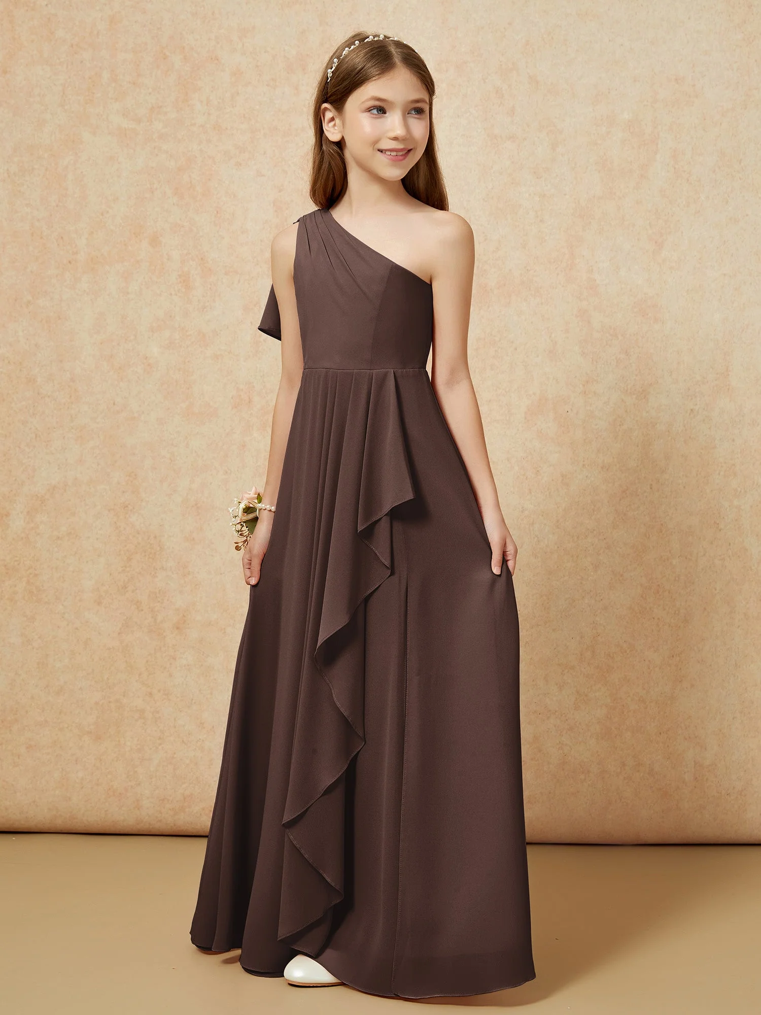 Eine Schulter A-Linie Lang Chiffon Junge Brautjungfernkleider Schokolade - Image 5