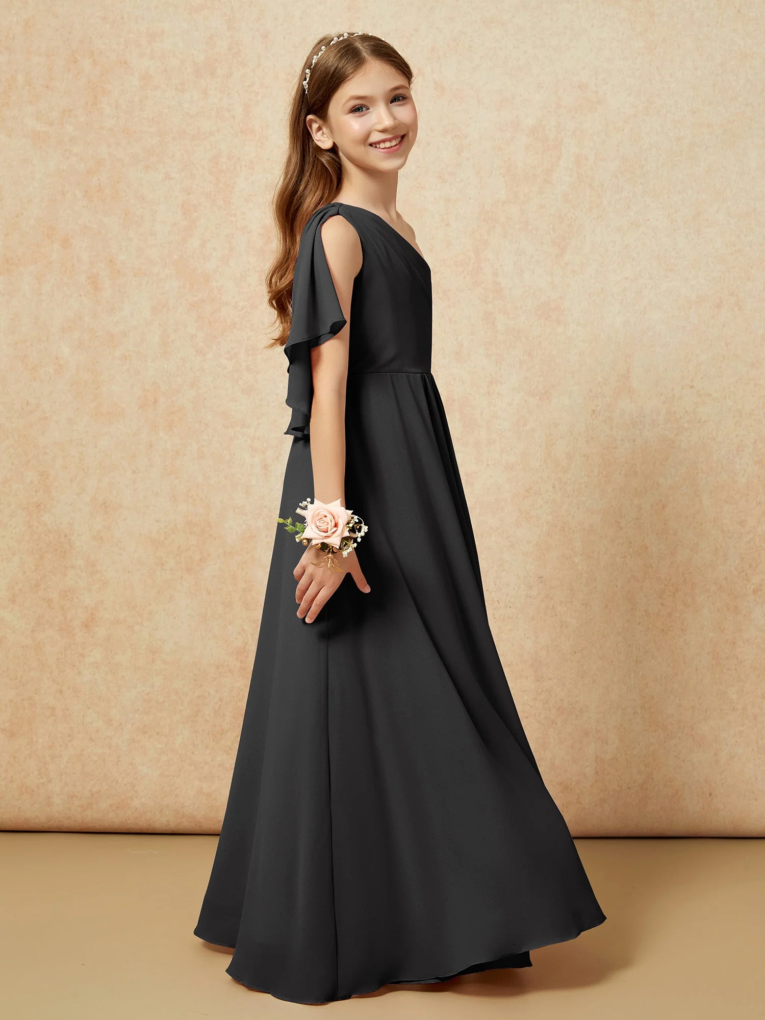 Eine Schulter A-Linie Lang Chiffon Junge Brautjungfernkleider Schwarz - Image 2