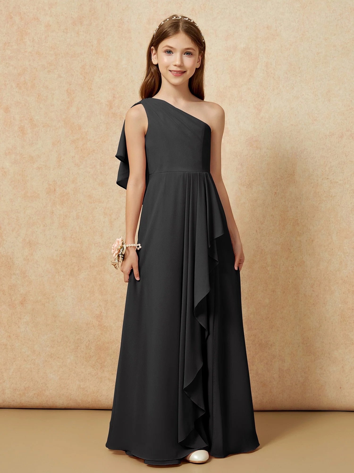 Eine Schulter A-Linie Lang Chiffon Junge Brautjungfernkleider Schwarz - Image 4