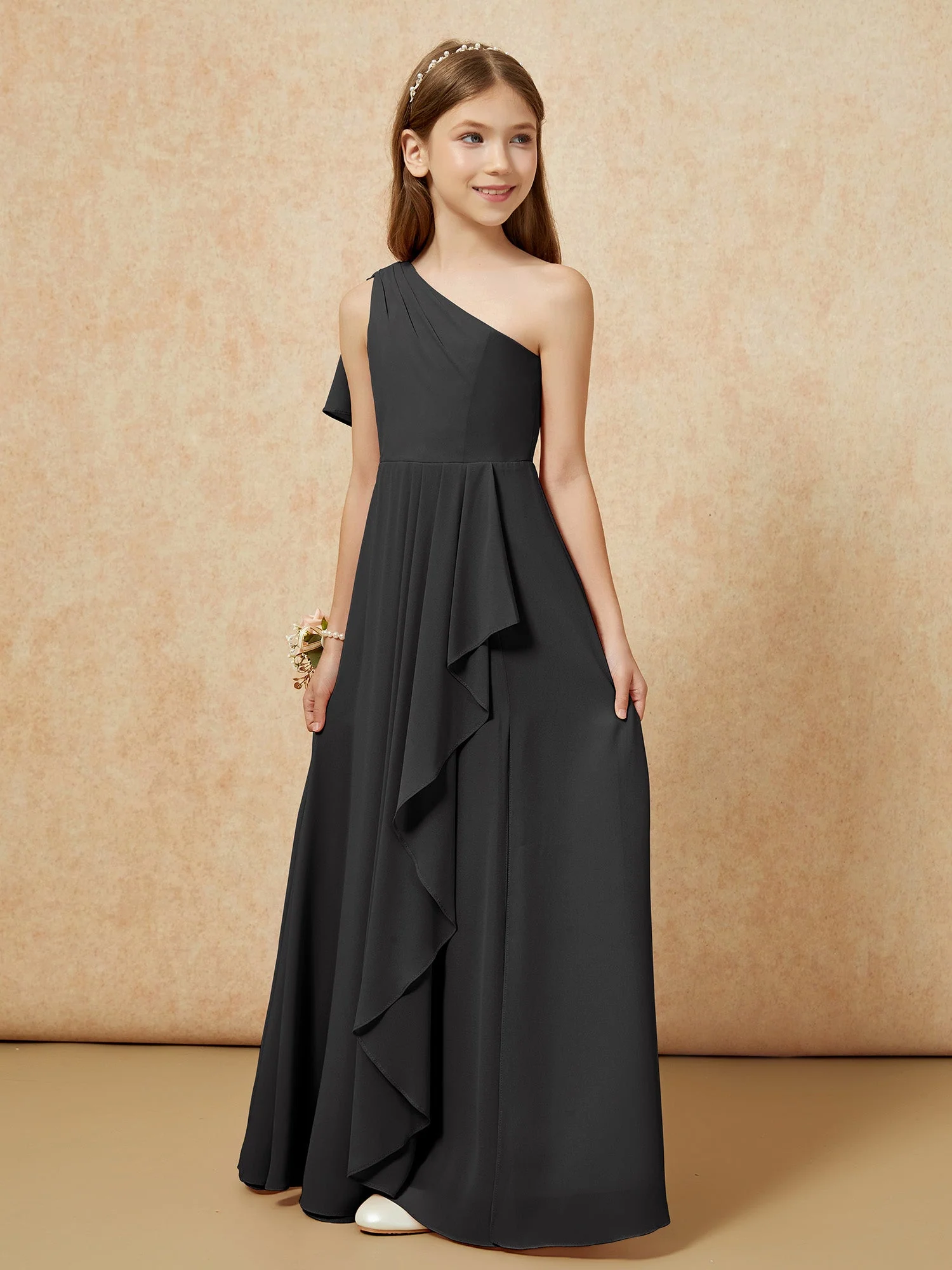 Eine Schulter A-Linie Lang Chiffon Junge Brautjungfernkleider Schwarz - Image 5