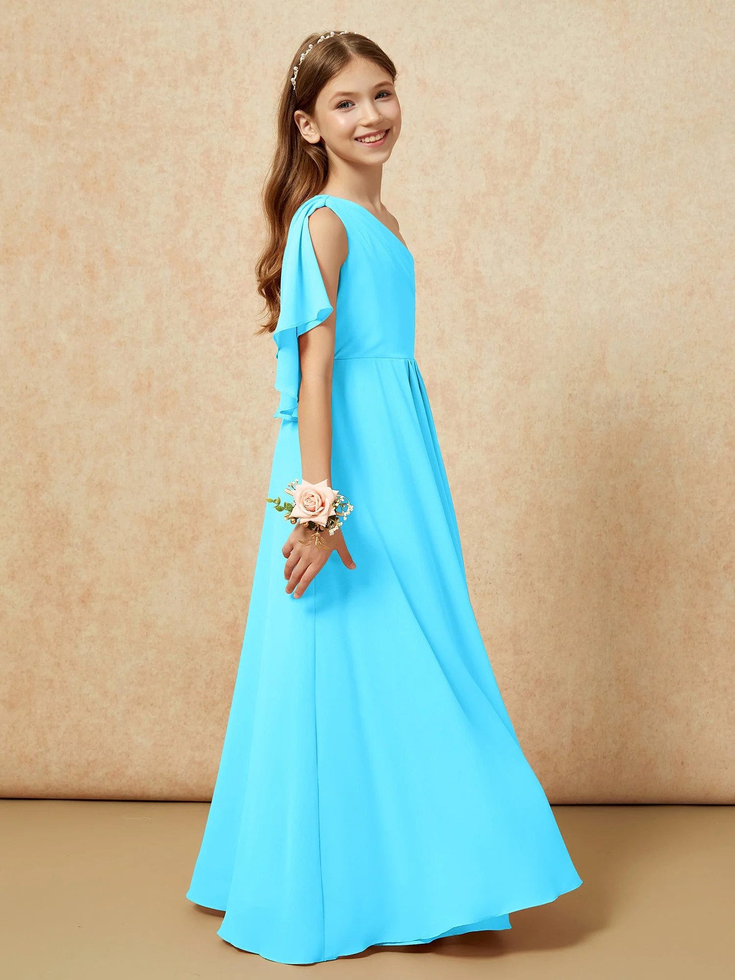 Eine Schulter A-Linie Lang Chiffon Junge Brautjungfernkleider Schwimmbadblau - Image 2