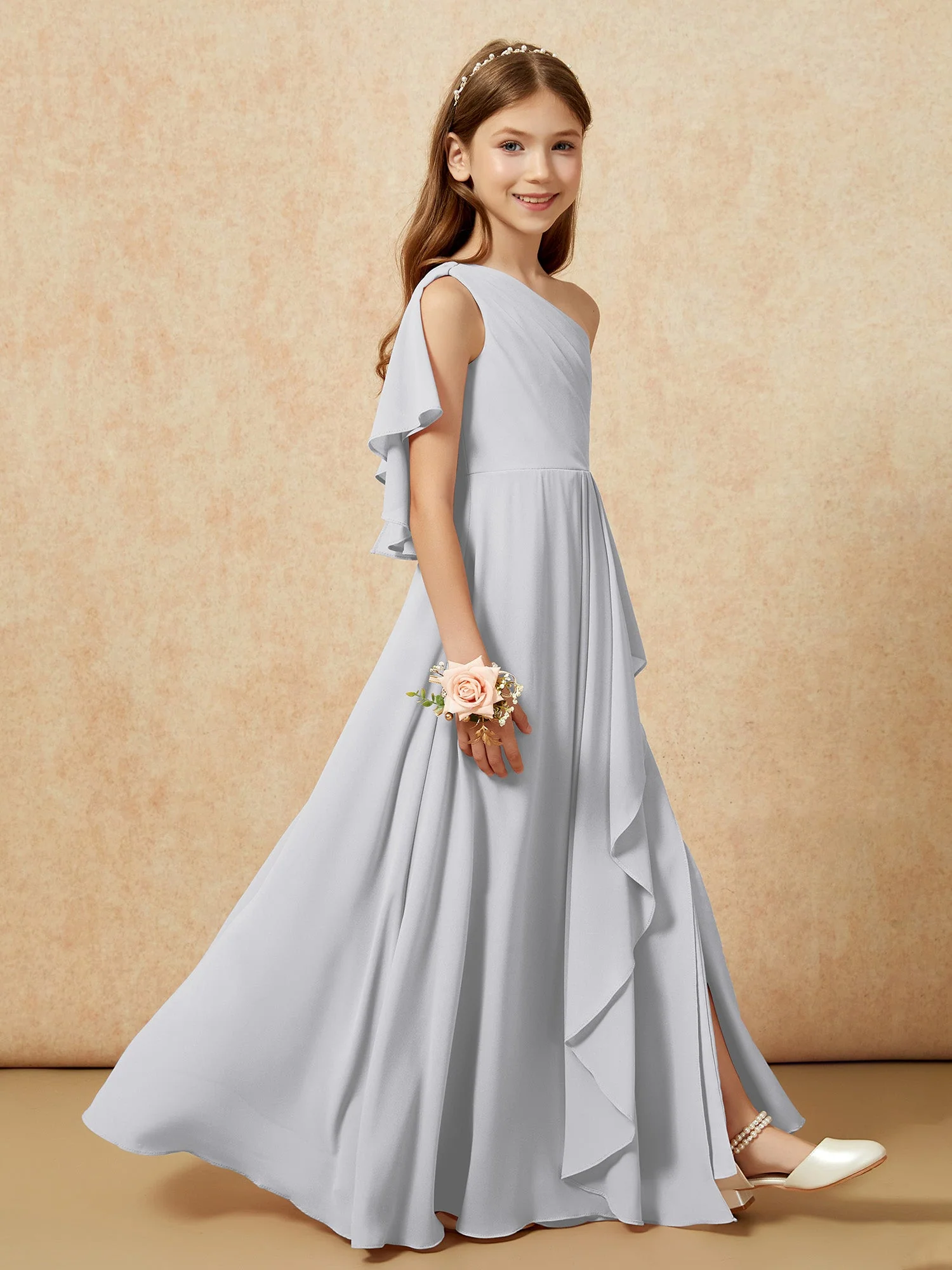Eine Schulter A-Linie Lang Chiffon Junge Brautjungfernkleider Silber - Image 6