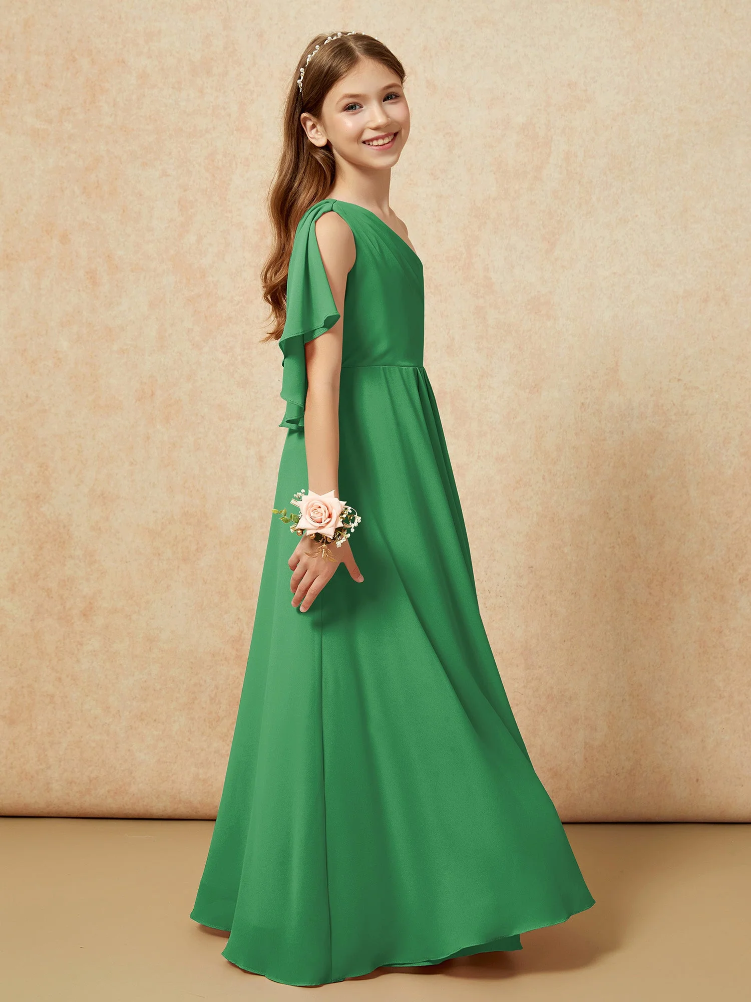 Eine Schulter A-Linie Lang Chiffon Junge Brautjungfernkleider Smaragd - Image 2