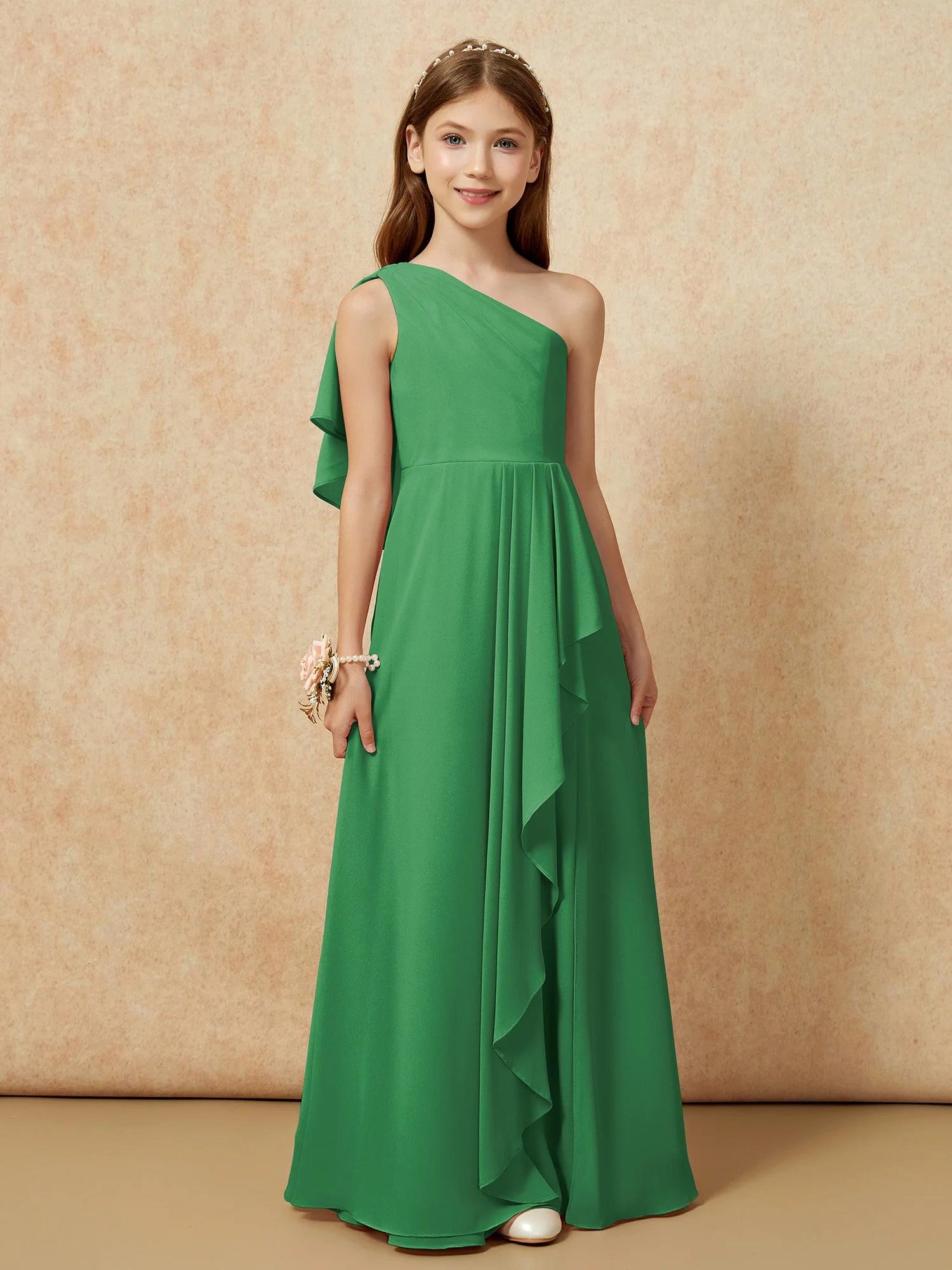 Eine Schulter A-Linie Lang Chiffon Junge Brautjungfernkleider Smaragd - Image 4