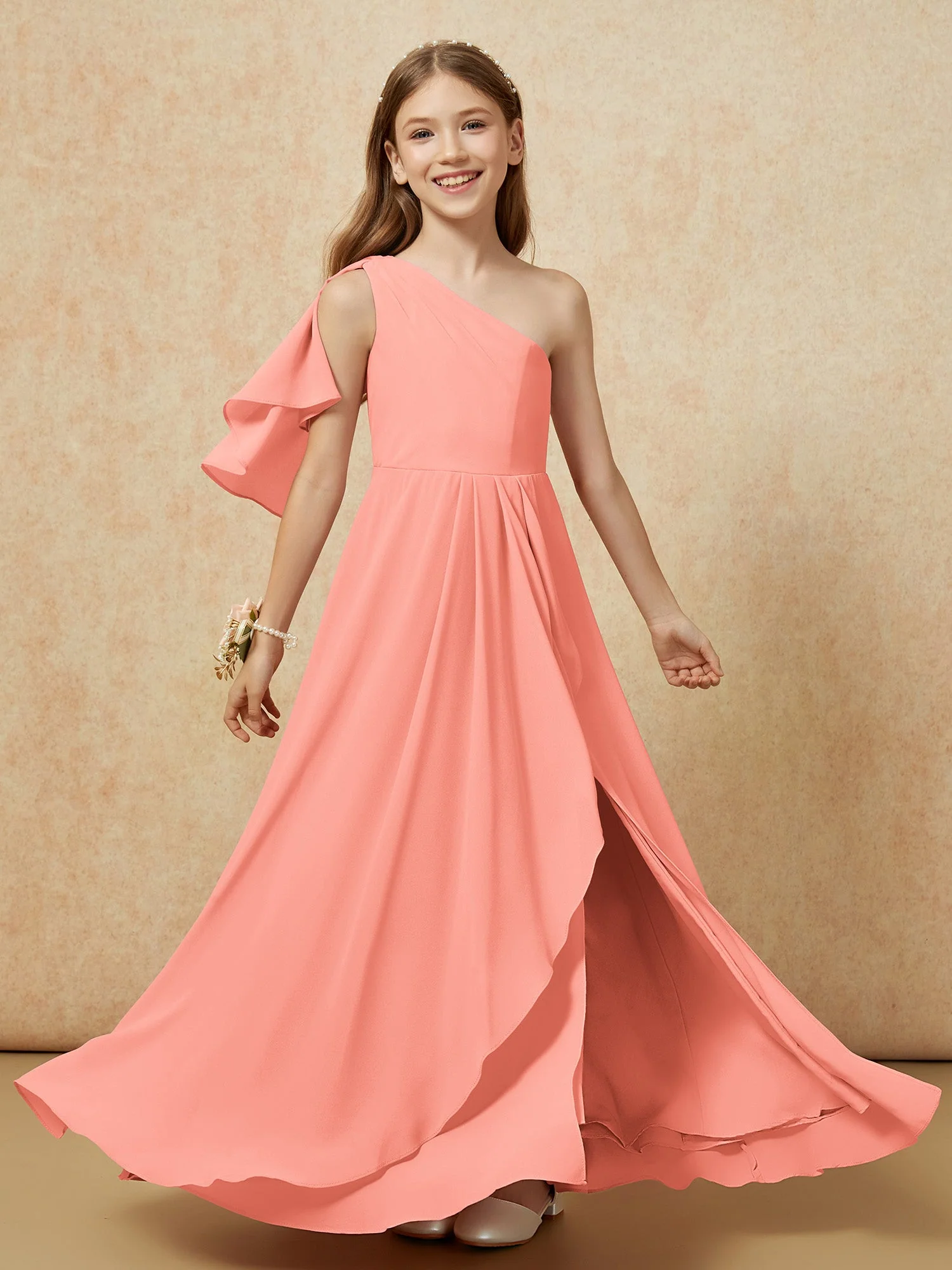 Eine Schulter A-Linie Lang Chiffon Junge Brautjungfernkleider Sonnenuntergang