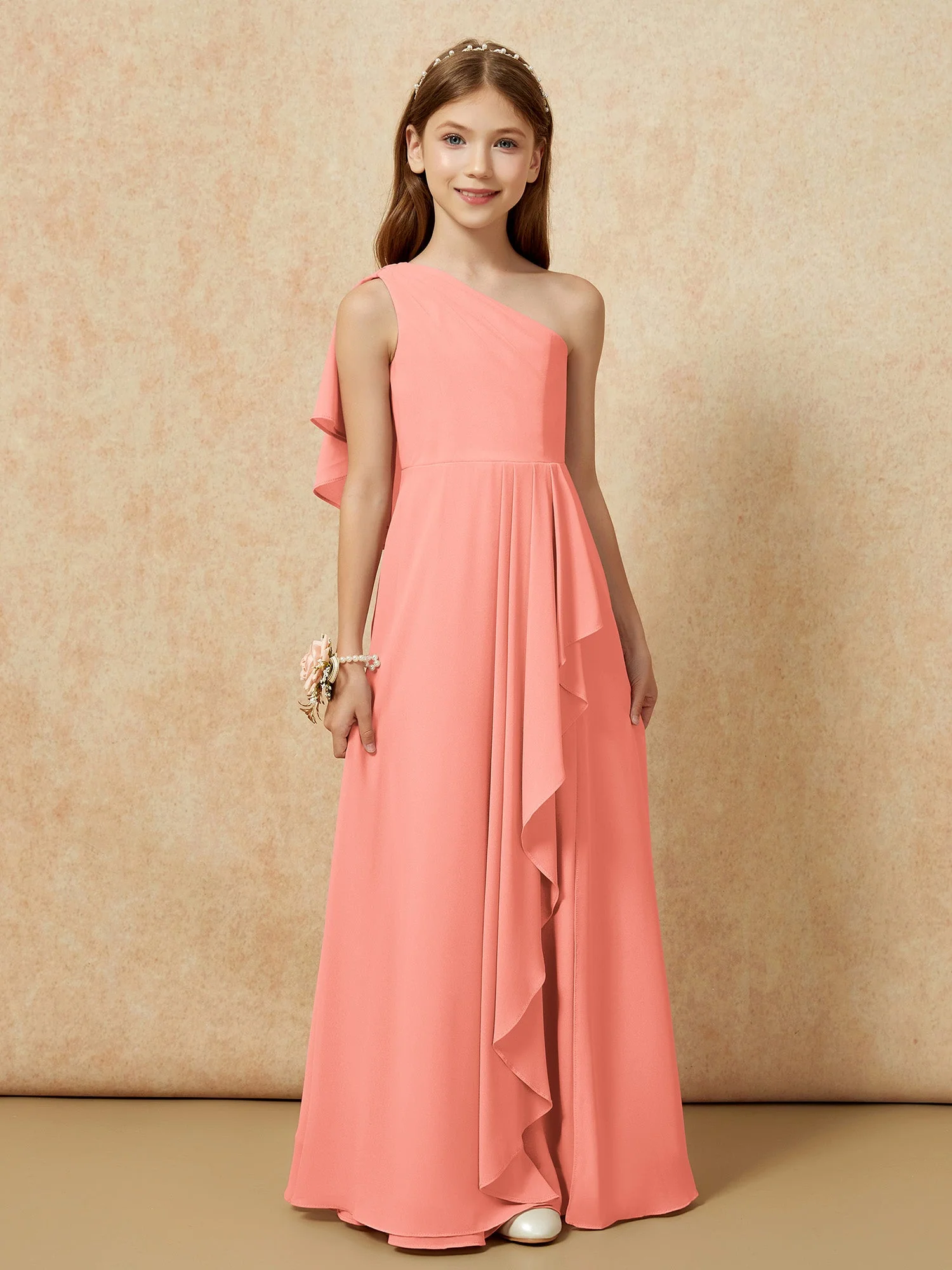 Eine Schulter A-Linie Lang Chiffon Junge Brautjungfernkleider Sonnenuntergang - Image 4