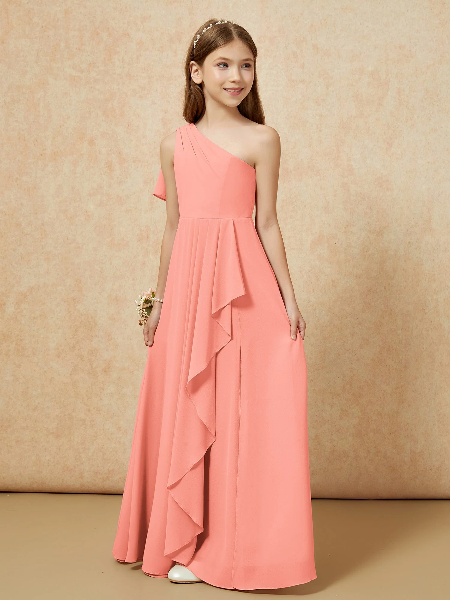 Eine Schulter A-Linie Lang Chiffon Junge Brautjungfernkleider Sonnenuntergang - Image 5
