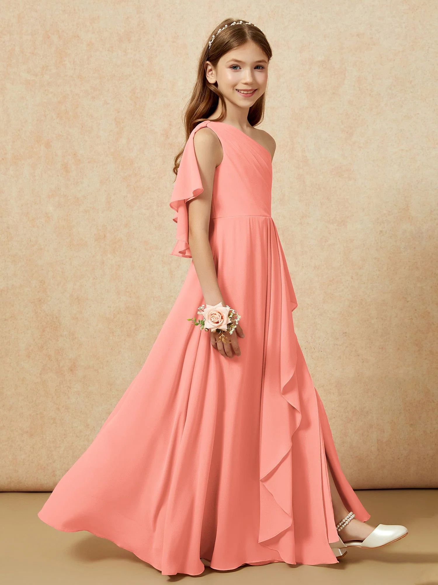 Eine Schulter A-Linie Lang Chiffon Junge Brautjungfernkleider Sonnenuntergang - Image 6
