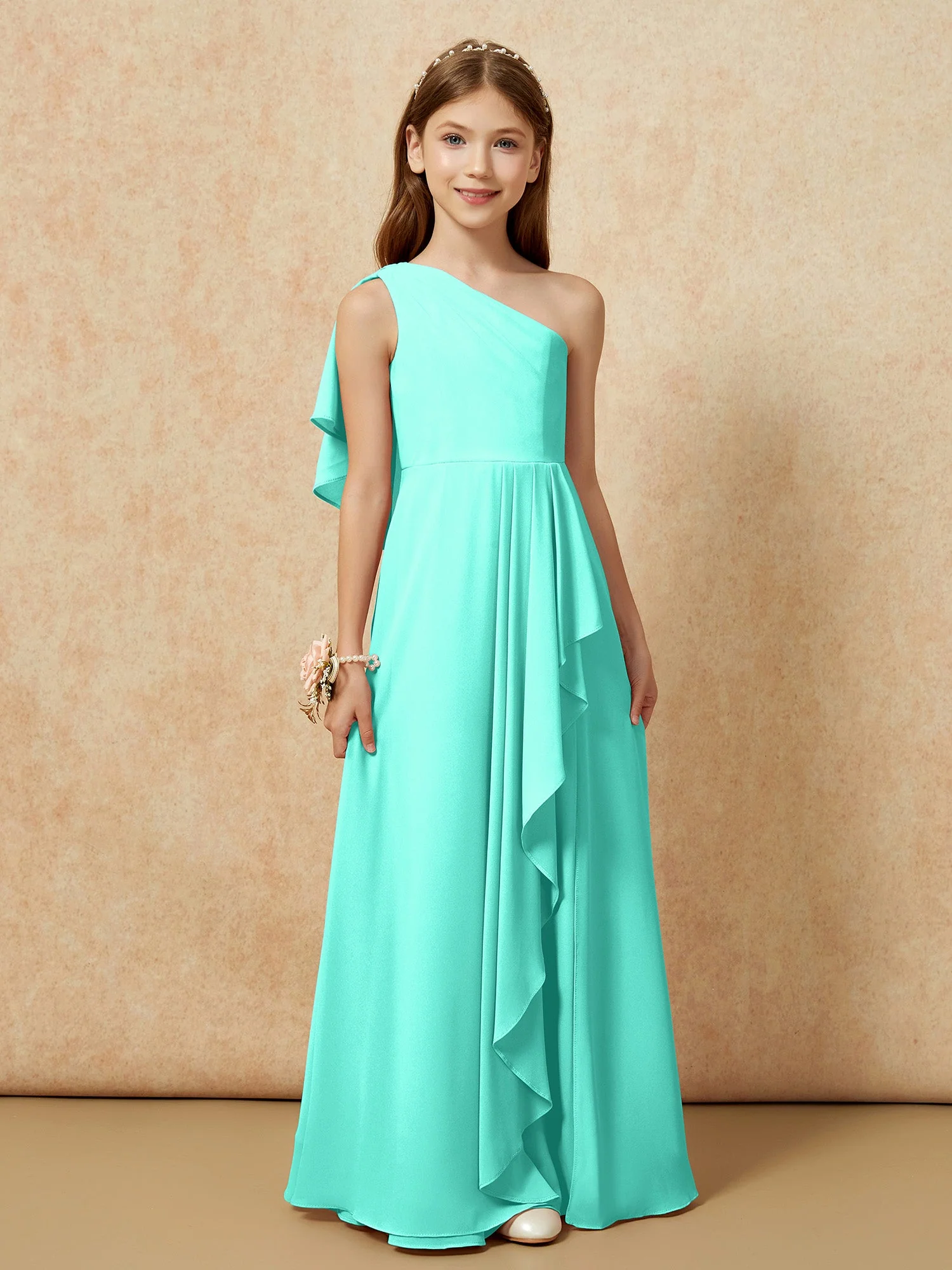 Eine Schulter A-Linie Lang Chiffon Junge Brautjungfernkleider Spa - Image 4