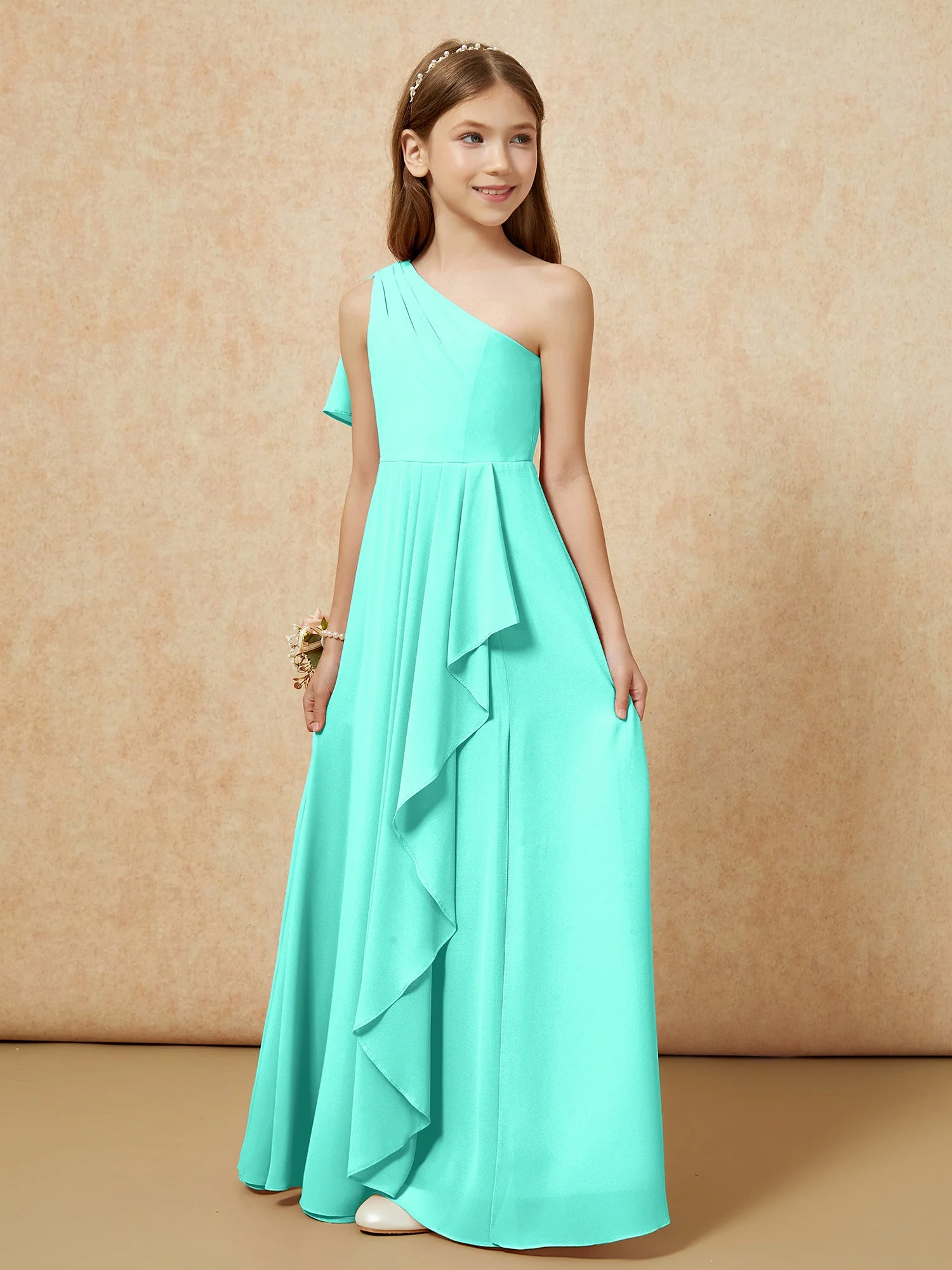 Eine Schulter A-Linie Lang Chiffon Junge Brautjungfernkleider Spa - Image 5
