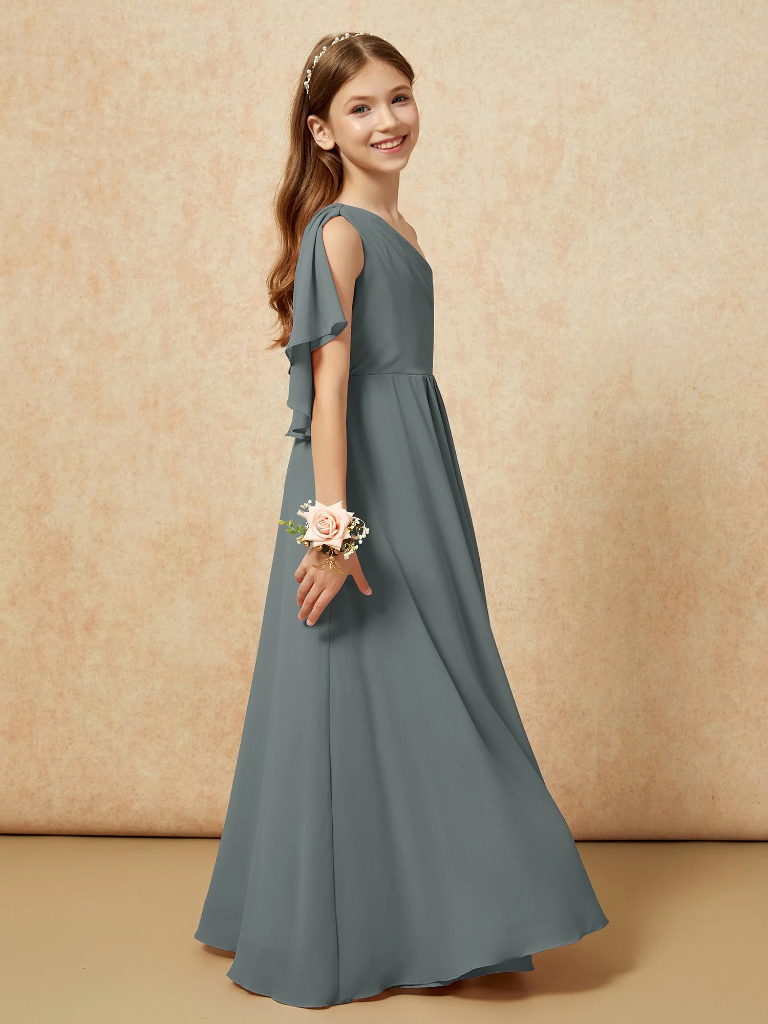 Eine Schulter A-Linie Lang Chiffon Junge Brautjungfernkleider Stahlgrau - Image 2
