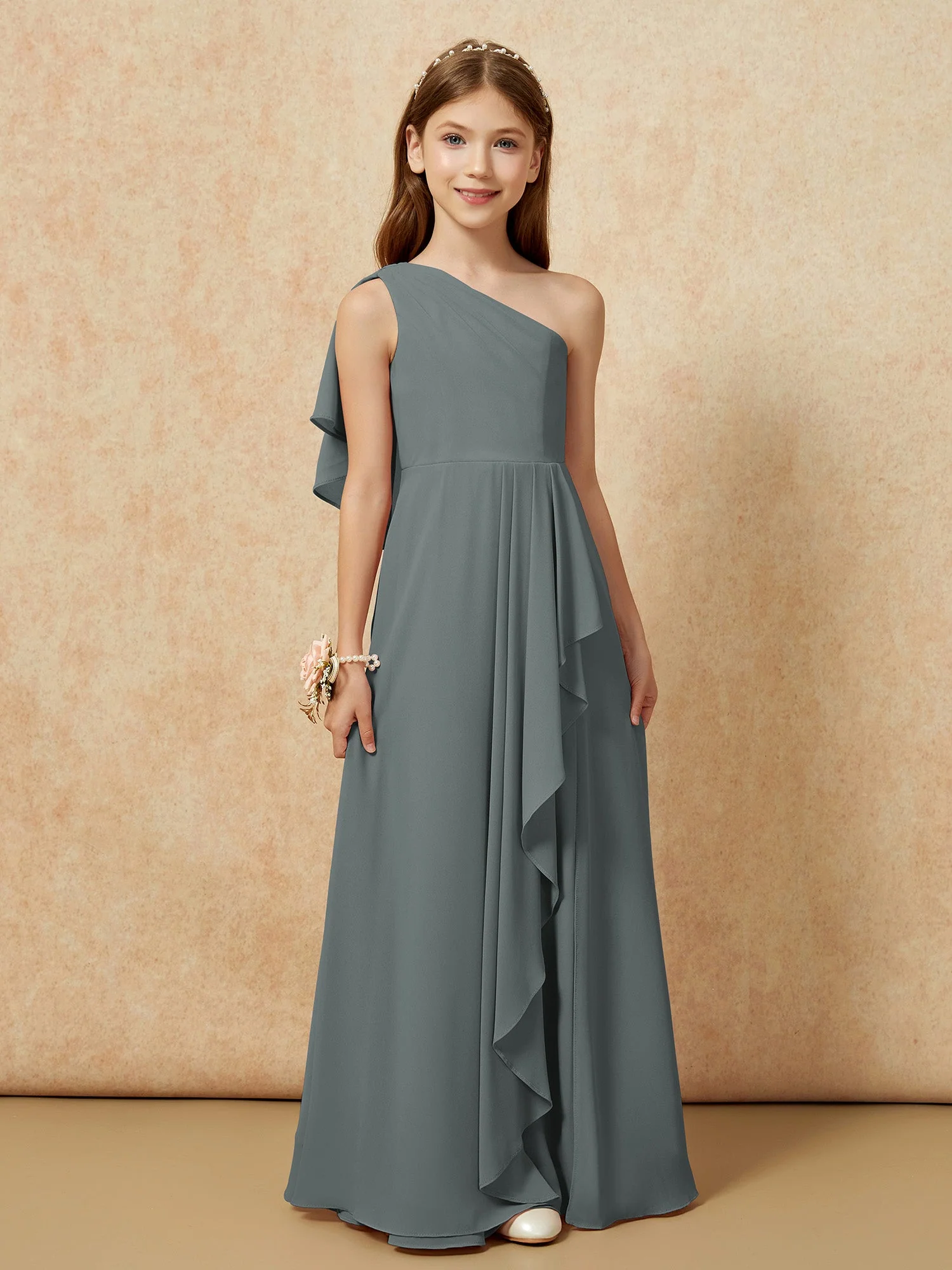Eine Schulter A-Linie Lang Chiffon Junge Brautjungfernkleider Stahlgrau - Image 4