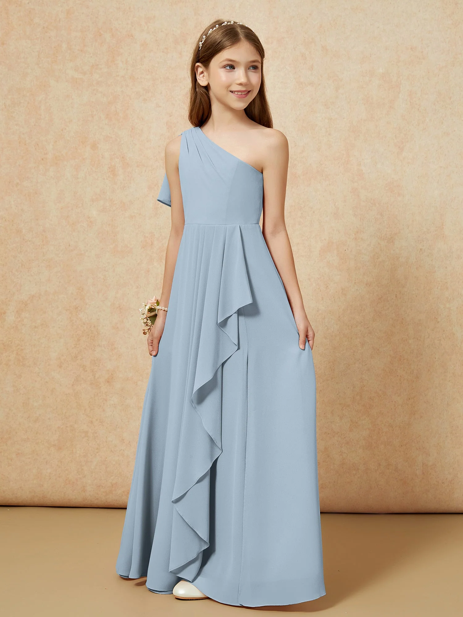Eine Schulter A-Linie Lang Chiffon Junge Brautjungfernkleider Staubiges Blau - Image 5