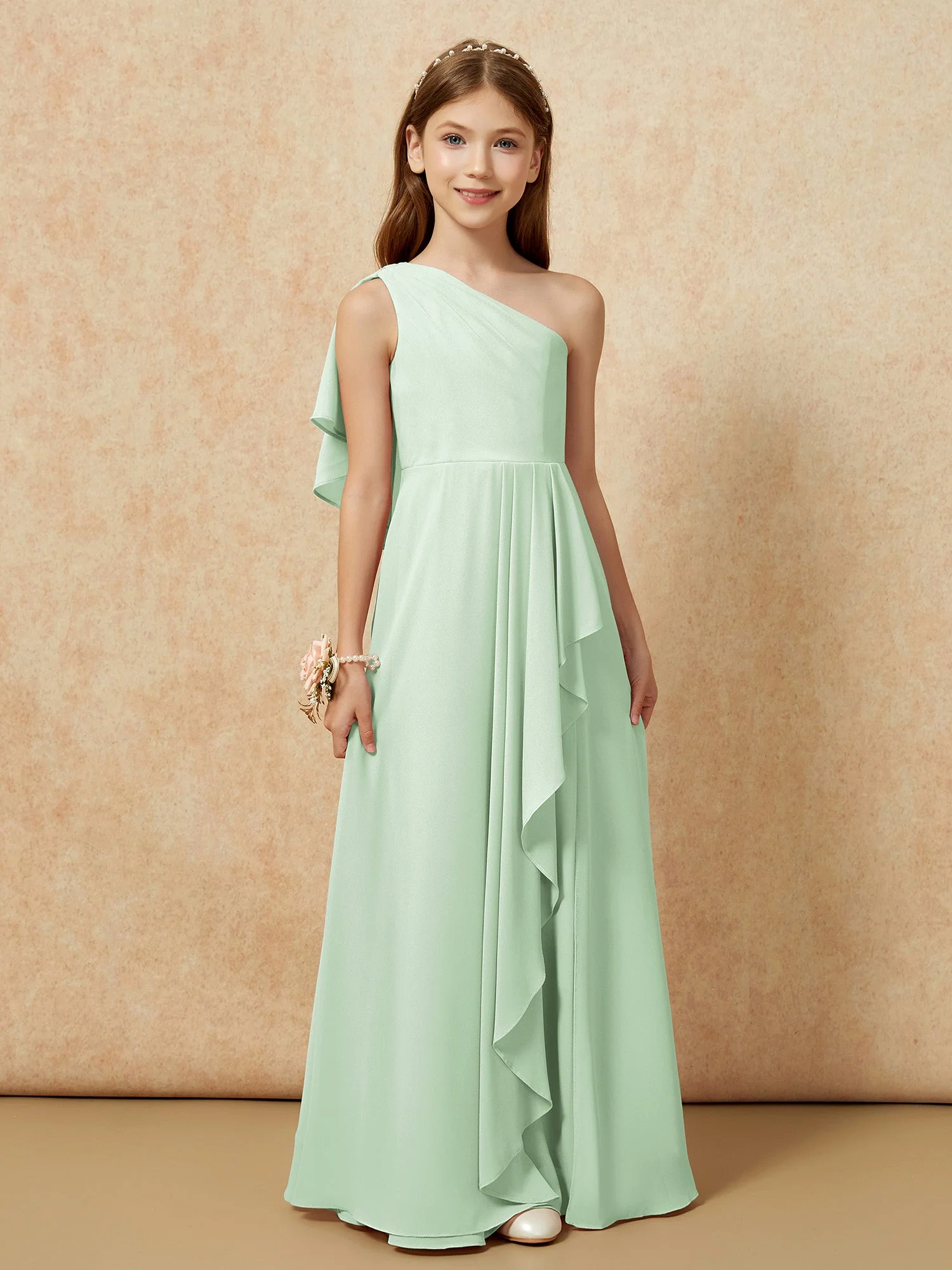 Eine Schulter A-Linie Lang Chiffon Junge Brautjungfernkleider Staubiges Salbei - Image 4