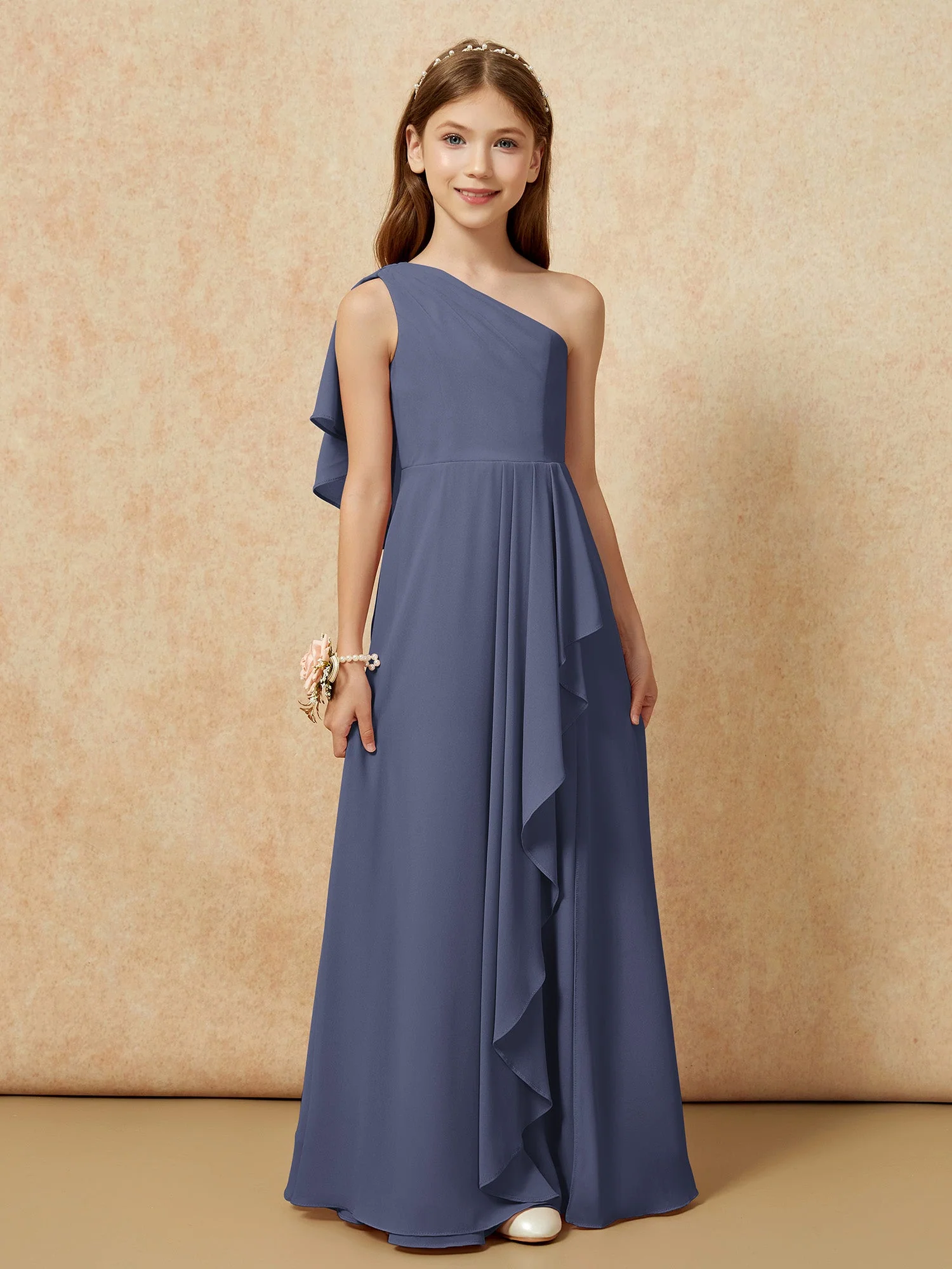 Eine Schulter A-Linie Lang Chiffon Junge Brautjungfernkleider Sturm - Image 4