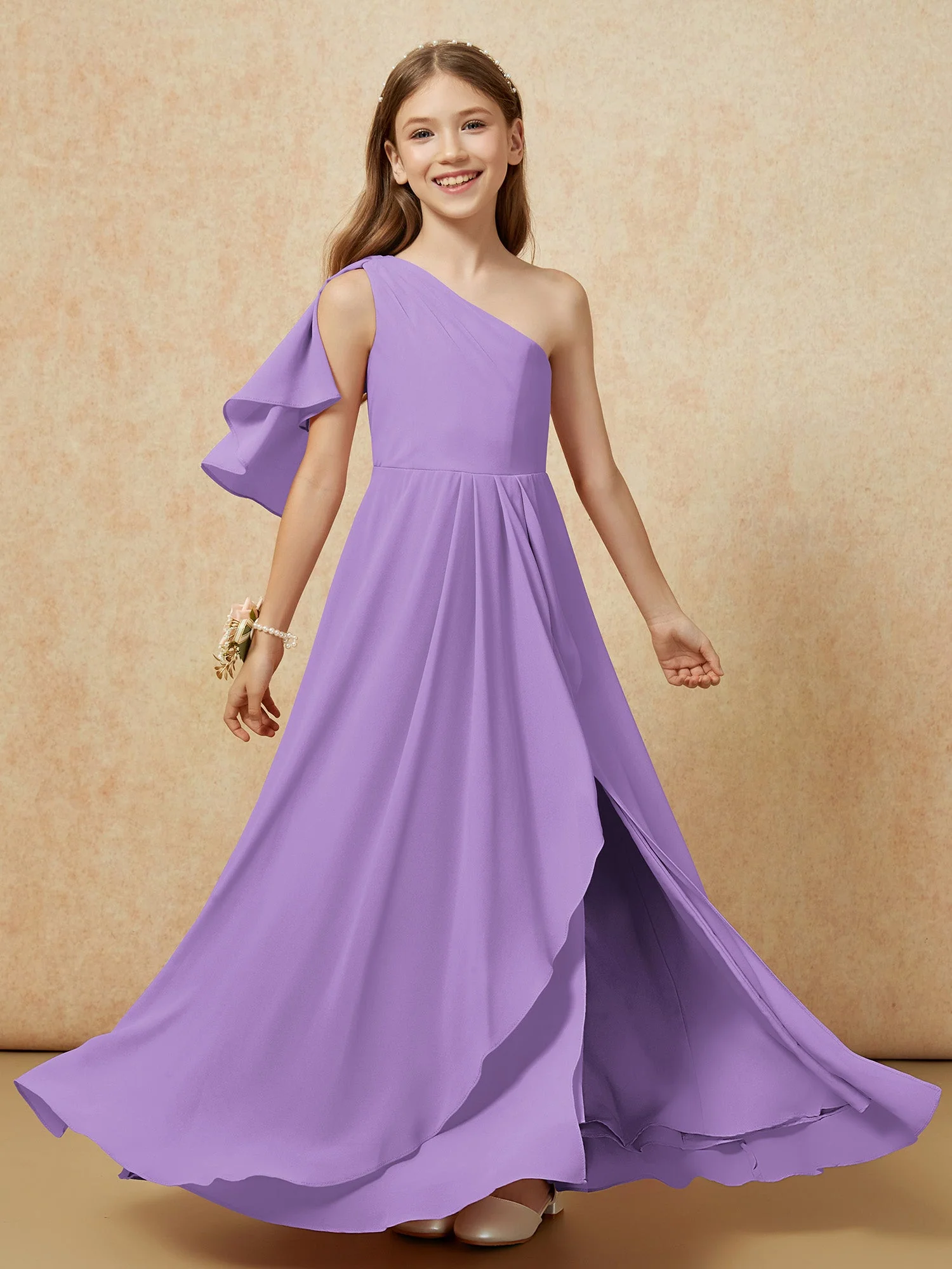 Eine Schulter A-Linie Lang Chiffon Junge Brautjungfernkleider Tahiti