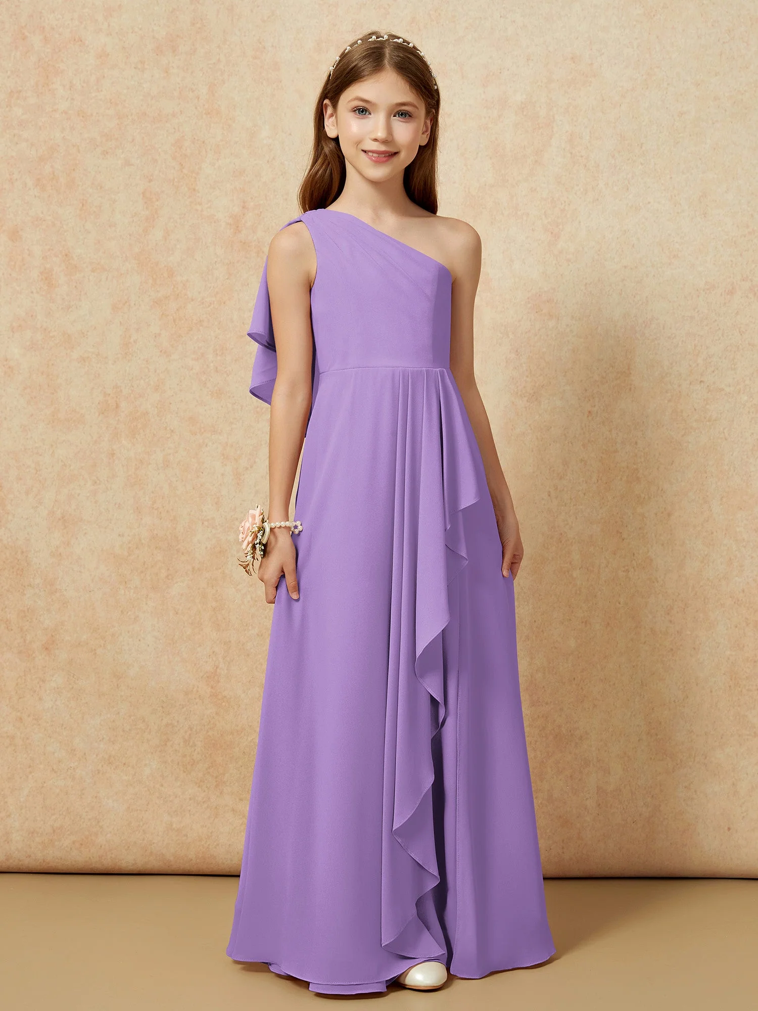 Eine Schulter A-Linie Lang Chiffon Junge Brautjungfernkleider Tahiti - Image 4