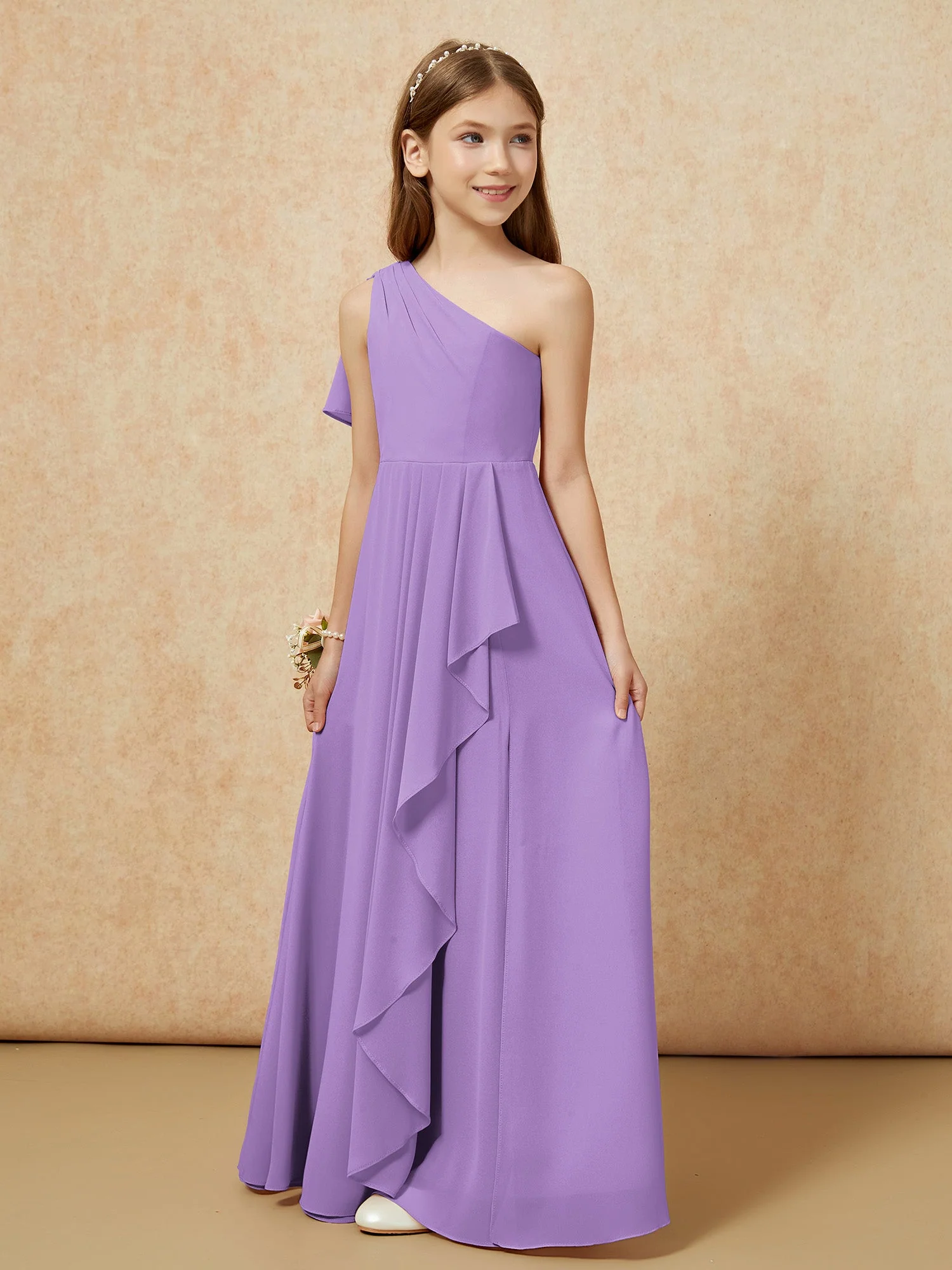 Eine Schulter A-Linie Lang Chiffon Junge Brautjungfernkleider Tahiti - Image 5