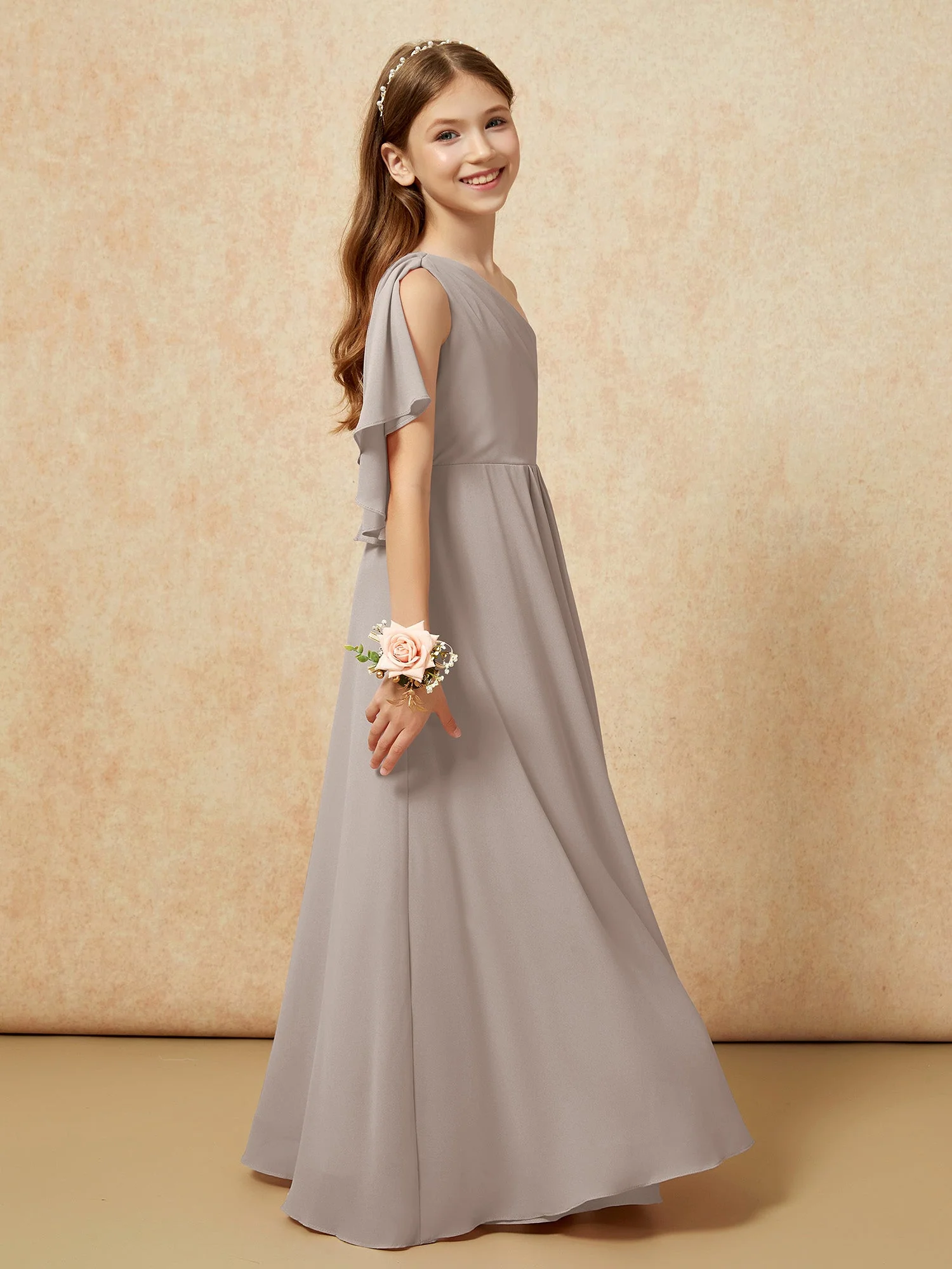 Eine Schulter A-Linie Lang Chiffon Junge Brautjungfernkleider Taupe - Image 2