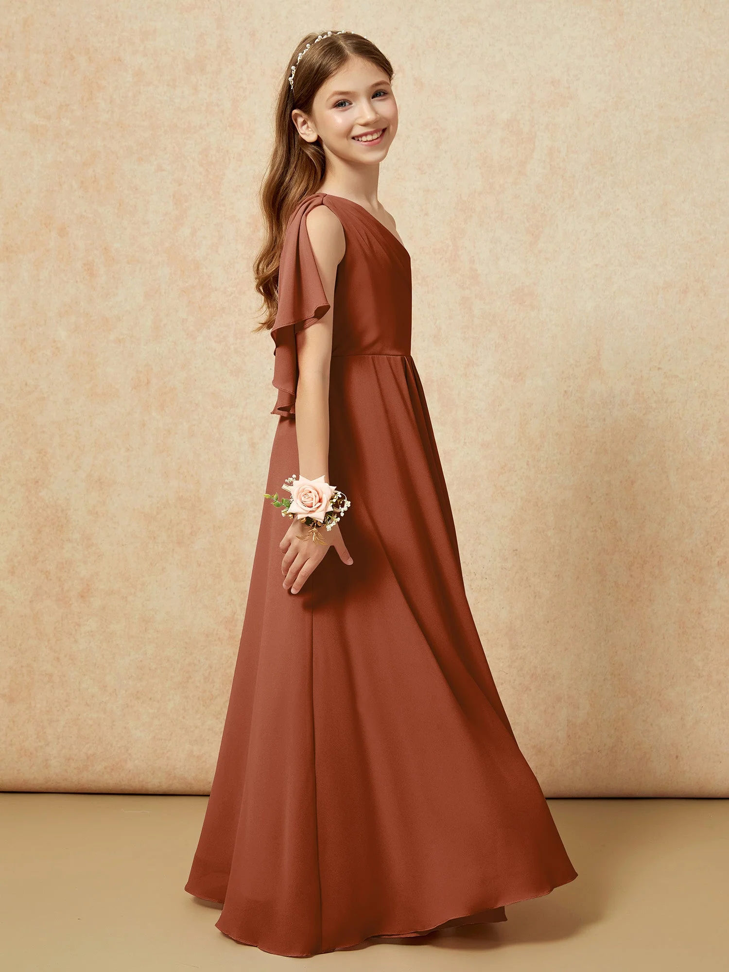 Eine Schulter A-Linie Lang Chiffon Junge Brautjungfernkleider Terrakotta - Image 2