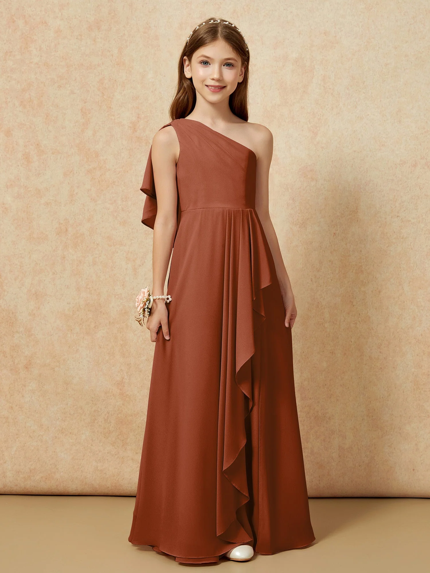 Eine Schulter A-Linie Lang Chiffon Junge Brautjungfernkleider Terrakotta - Image 4