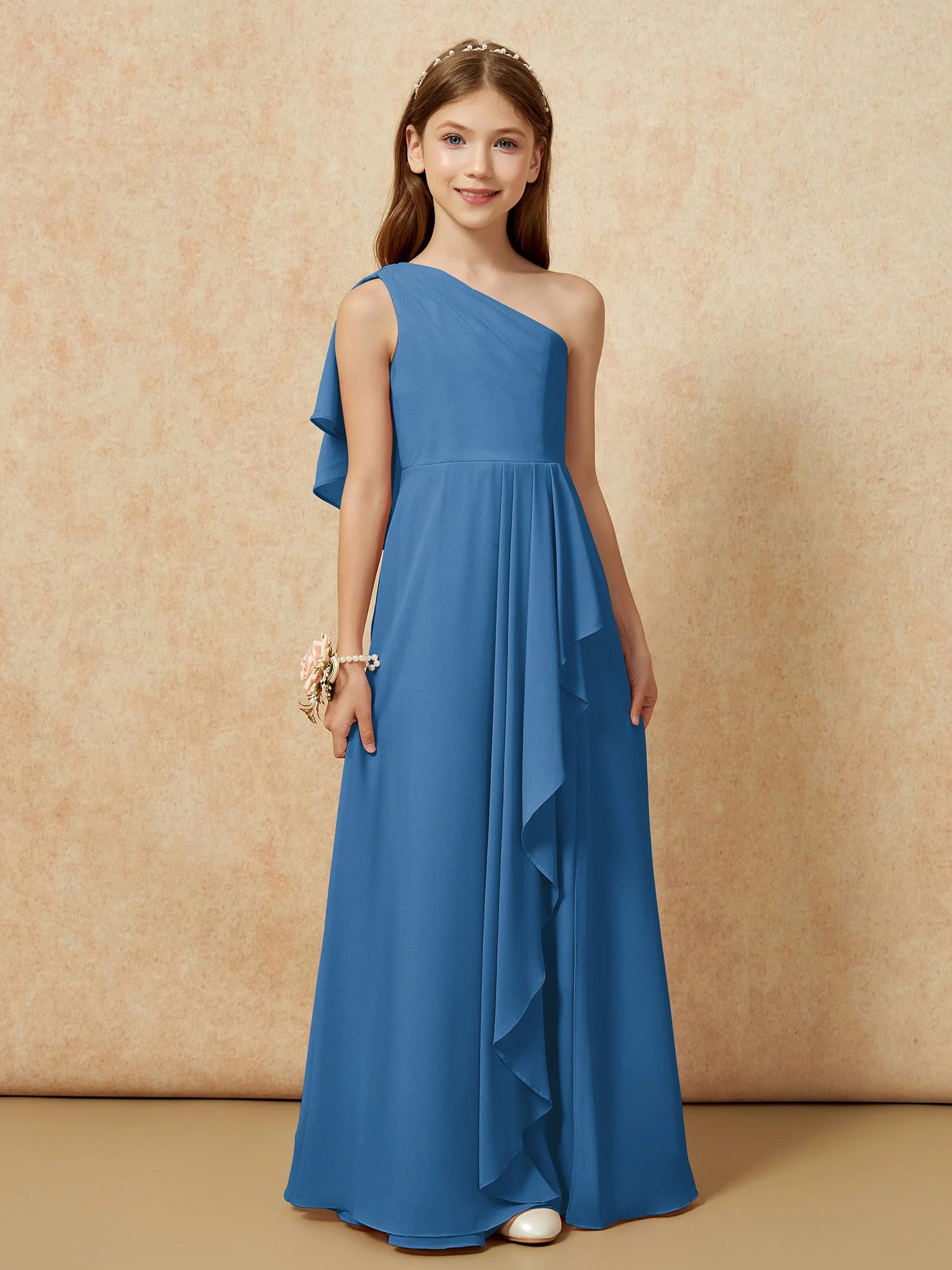 Eine Schulter A-Linie Lang Chiffon Junge Brautjungfernkleider Tinte Blau - Image 4