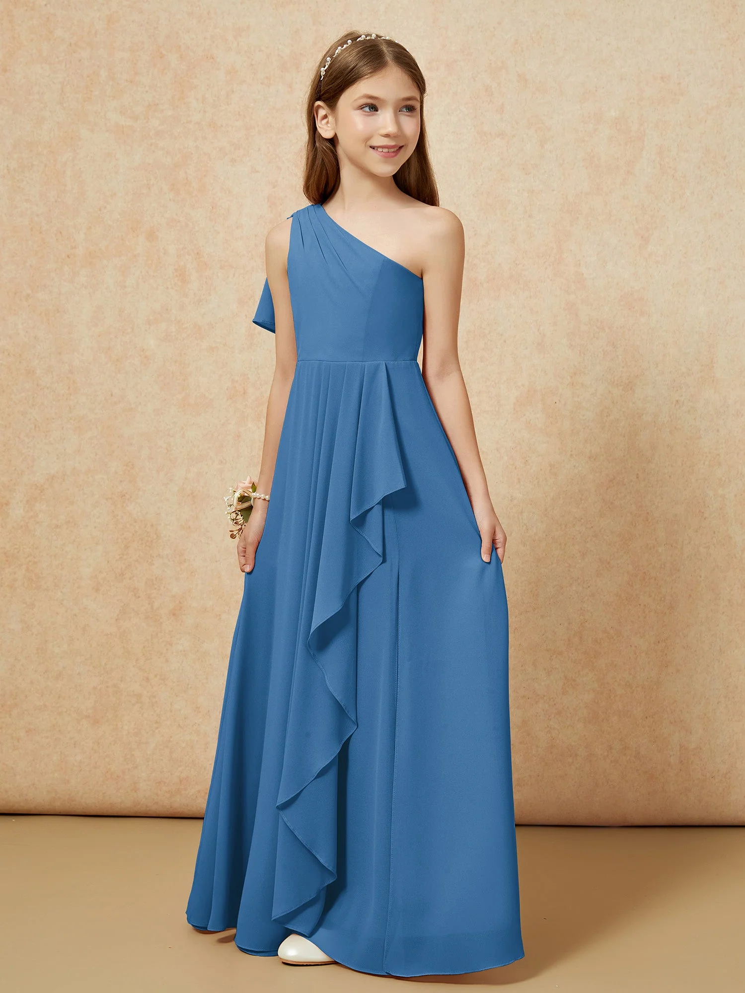 Eine Schulter A-Linie Lang Chiffon Junge Brautjungfernkleider Tinte Blau - Image 5