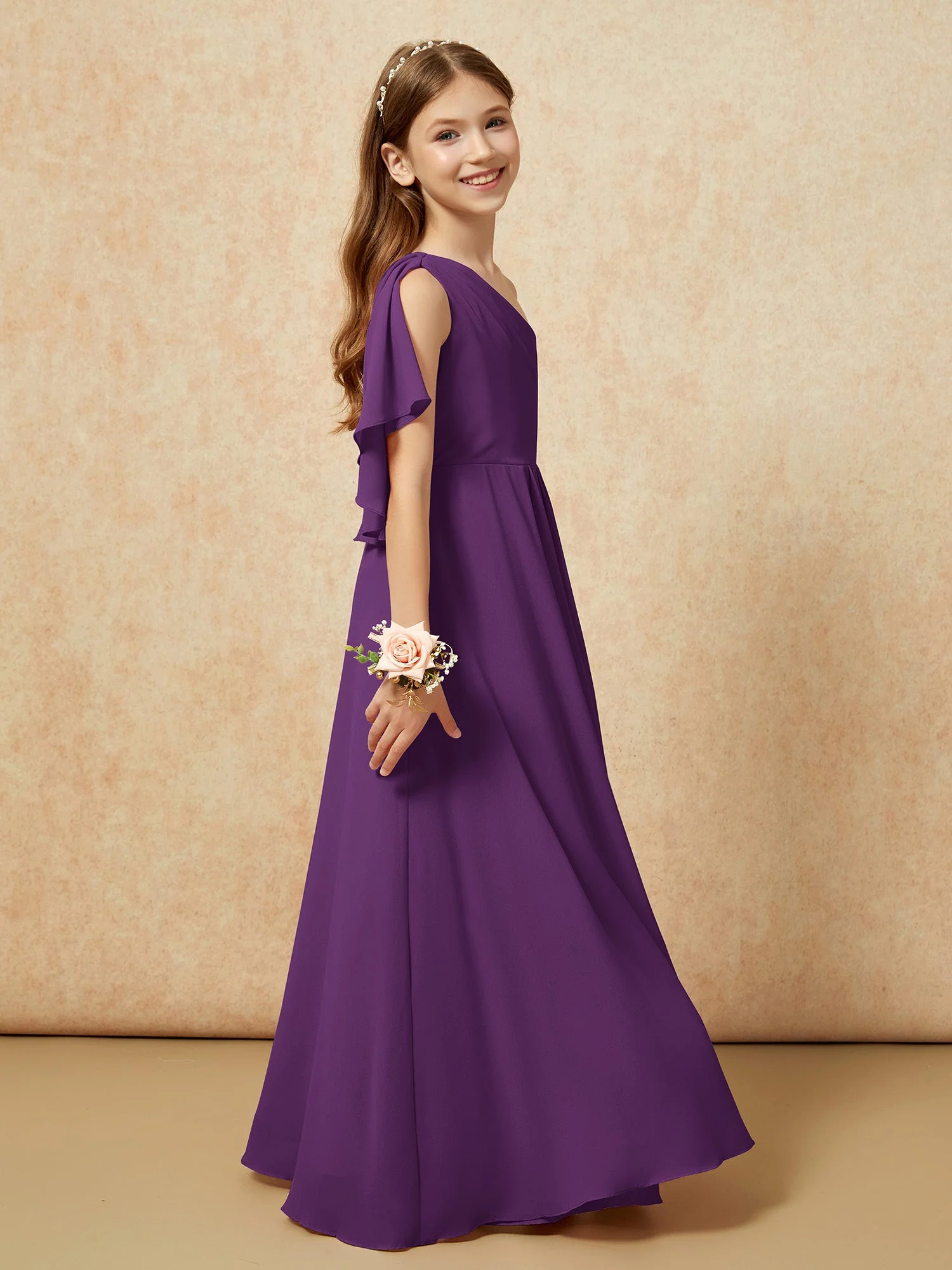 Eine Schulter A-Linie Lang Chiffon Junge Brautjungfernkleider Traube - Image 2