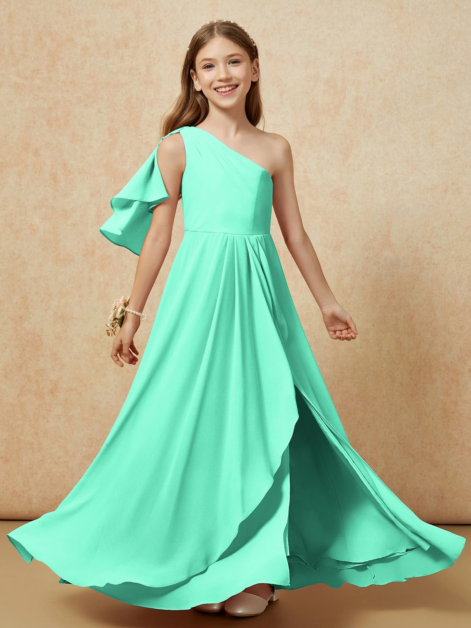 Eine Schulter A-Linie Lang Chiffon Junge Brautjungfernkleider Türkis
