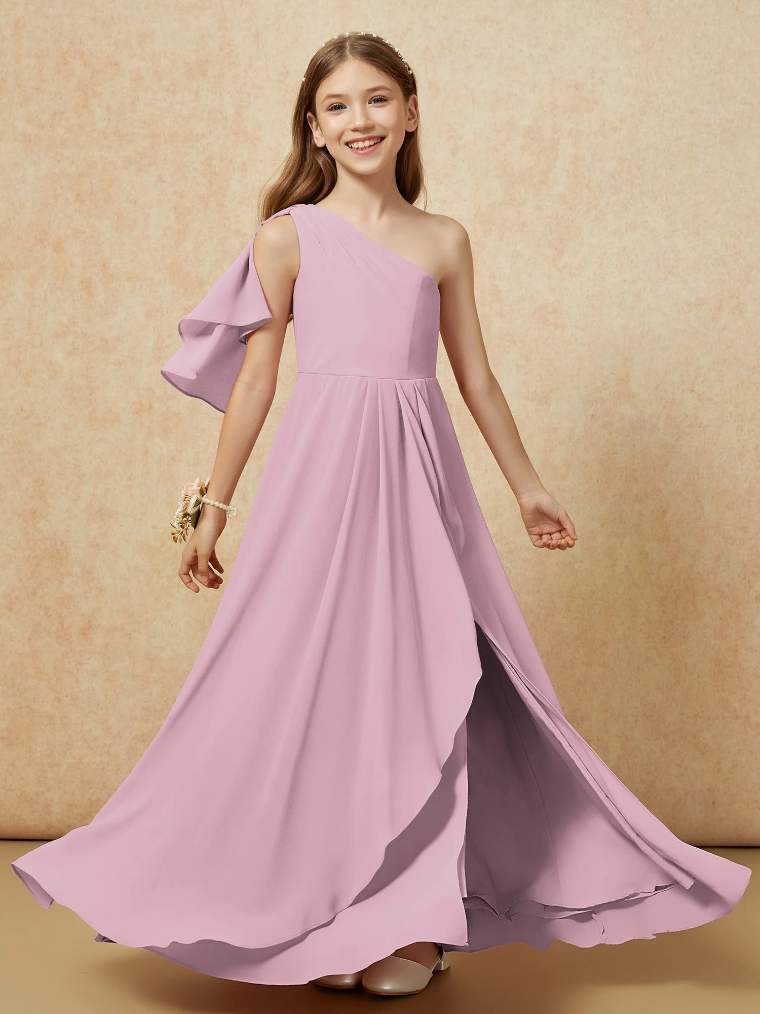 Eine Schulter A-Linie Lang Chiffon Junge Brautjungfernkleider Vintage Mauve