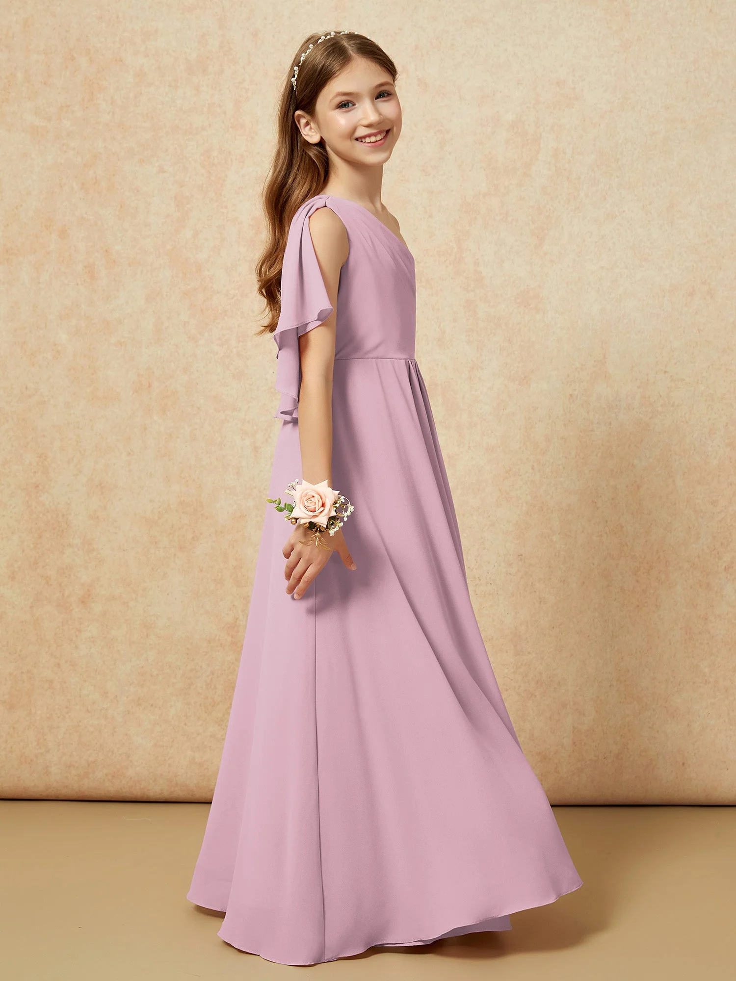 Eine Schulter A-Linie Lang Chiffon Junge Brautjungfernkleider Vintage Mauve - Image 2