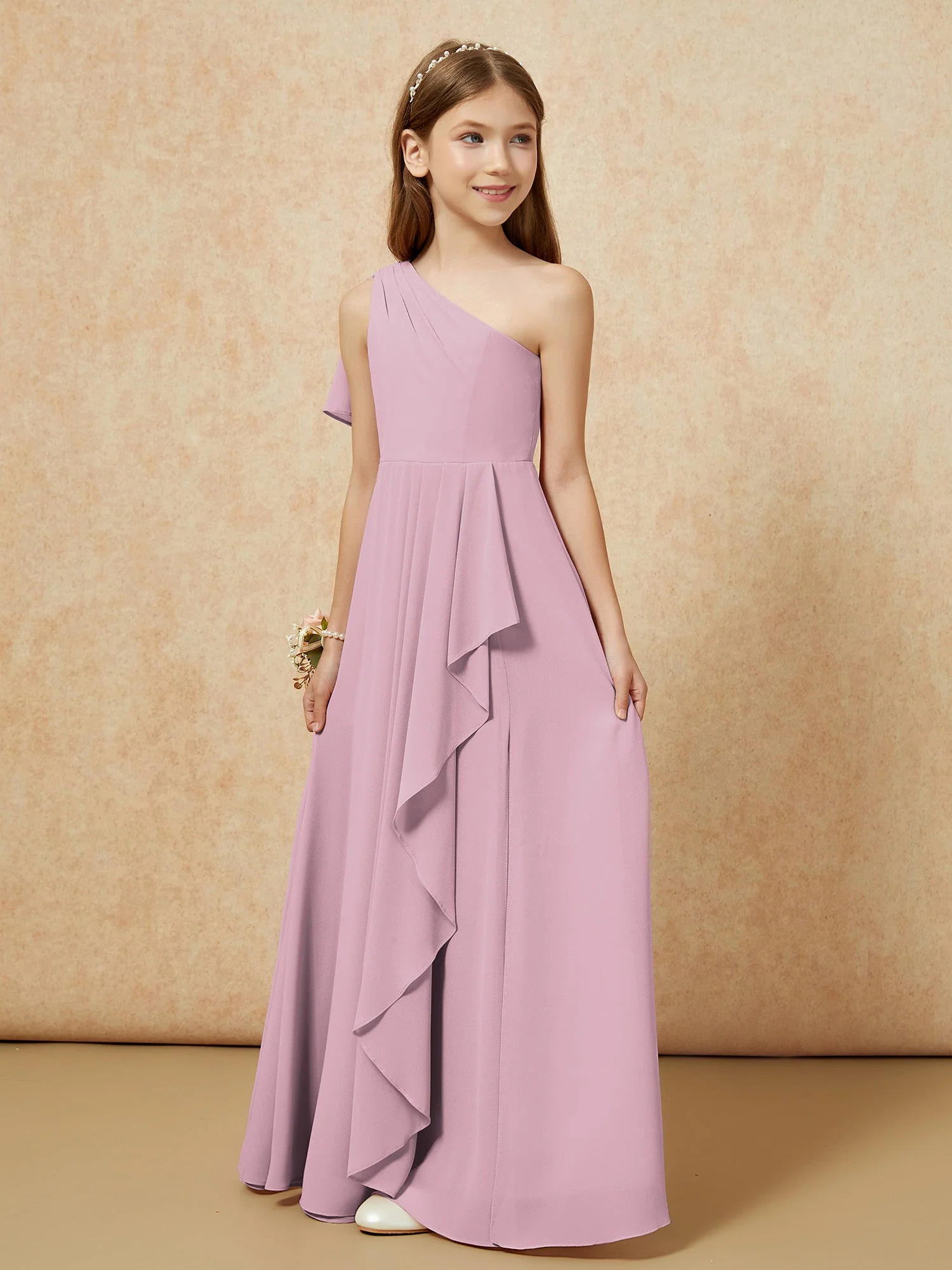 Eine Schulter A-Linie Lang Chiffon Junge Brautjungfernkleider Vintage Mauve - Image 5