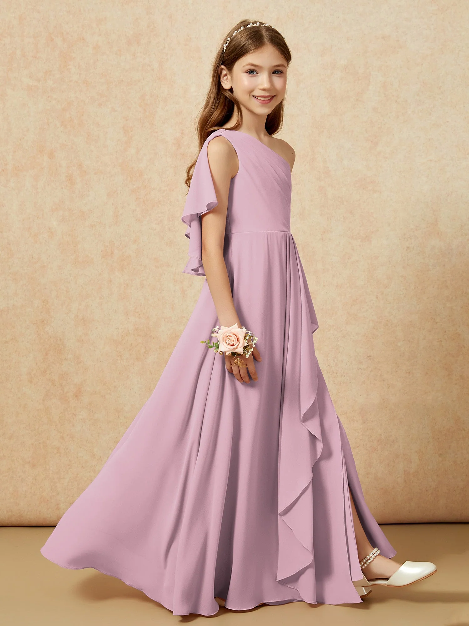 Eine Schulter A-Linie Lang Chiffon Junge Brautjungfernkleider Vintage Mauve - Image 6