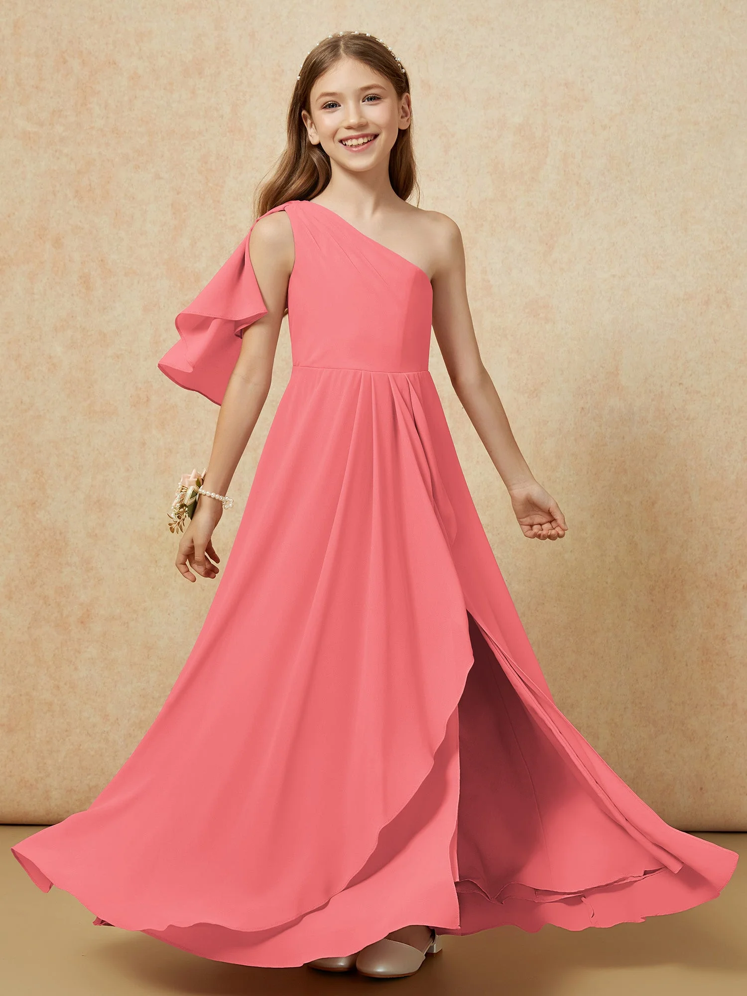 Eine Schulter A-Linie Lang Chiffon Junge Brautjungfernkleider Wassermelone