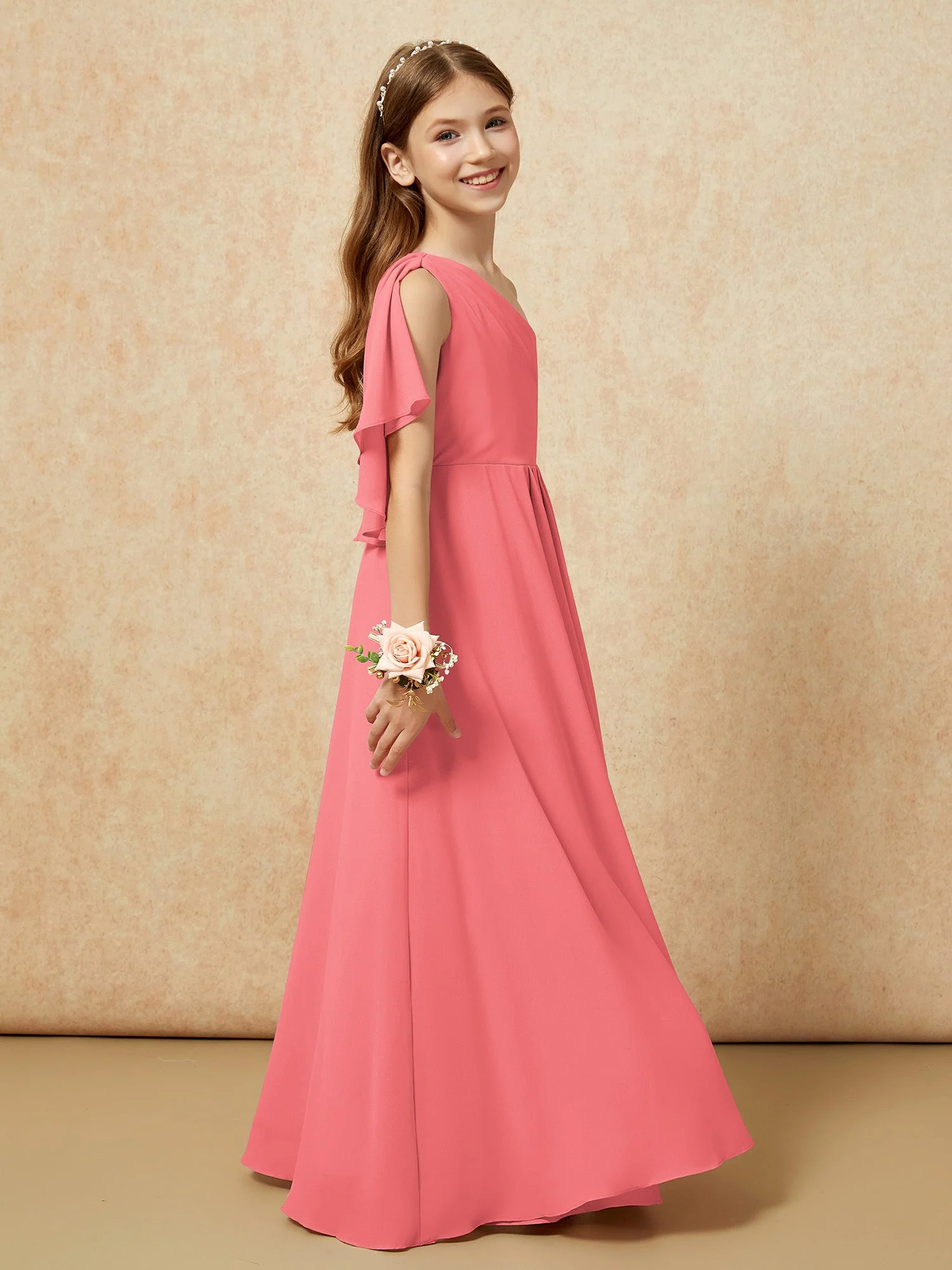 Eine Schulter A-Linie Lang Chiffon Junge Brautjungfernkleider Wassermelone - Image 2