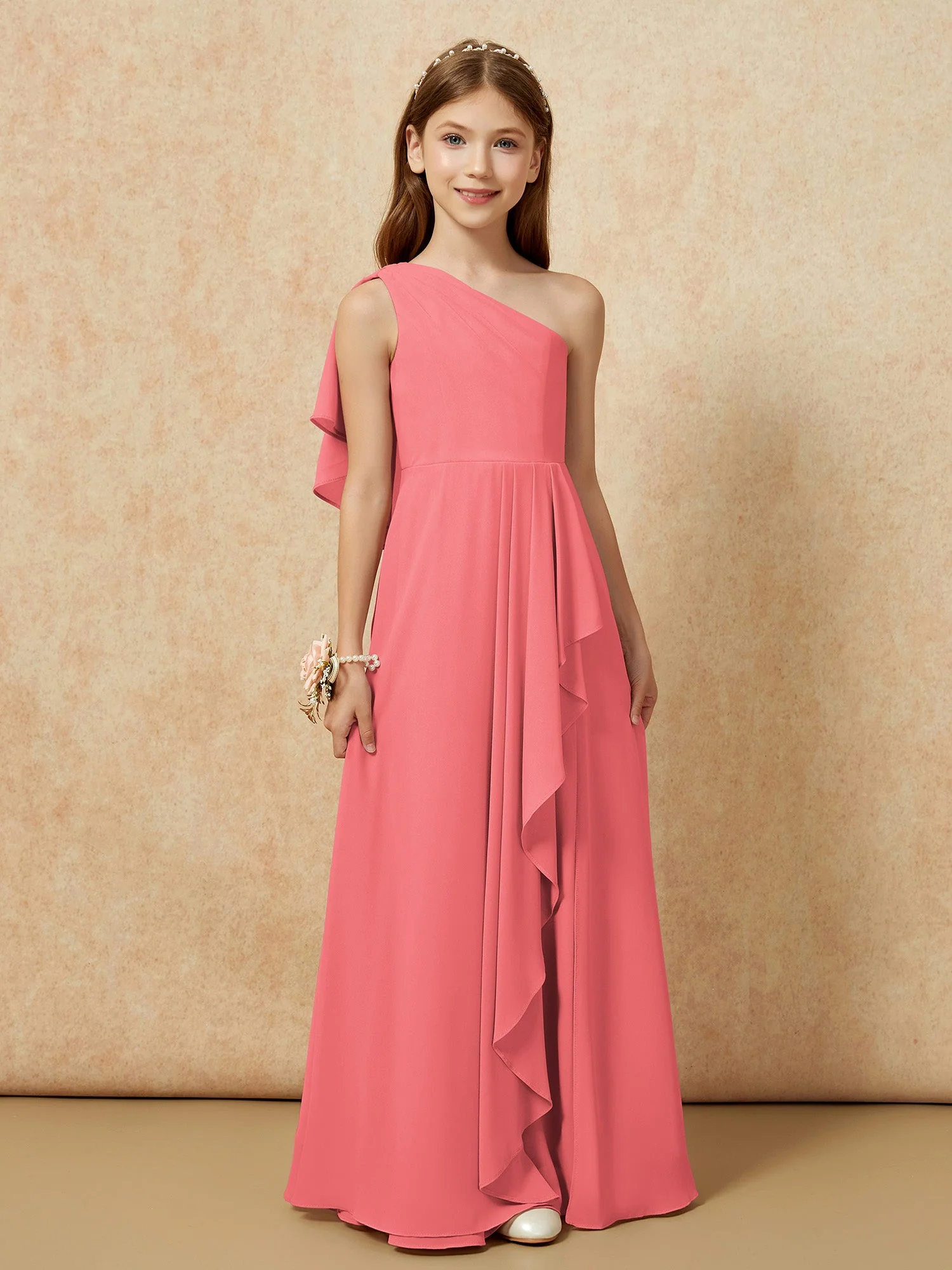 Eine Schulter A-Linie Lang Chiffon Junge Brautjungfernkleider Wassermelone - Image 4