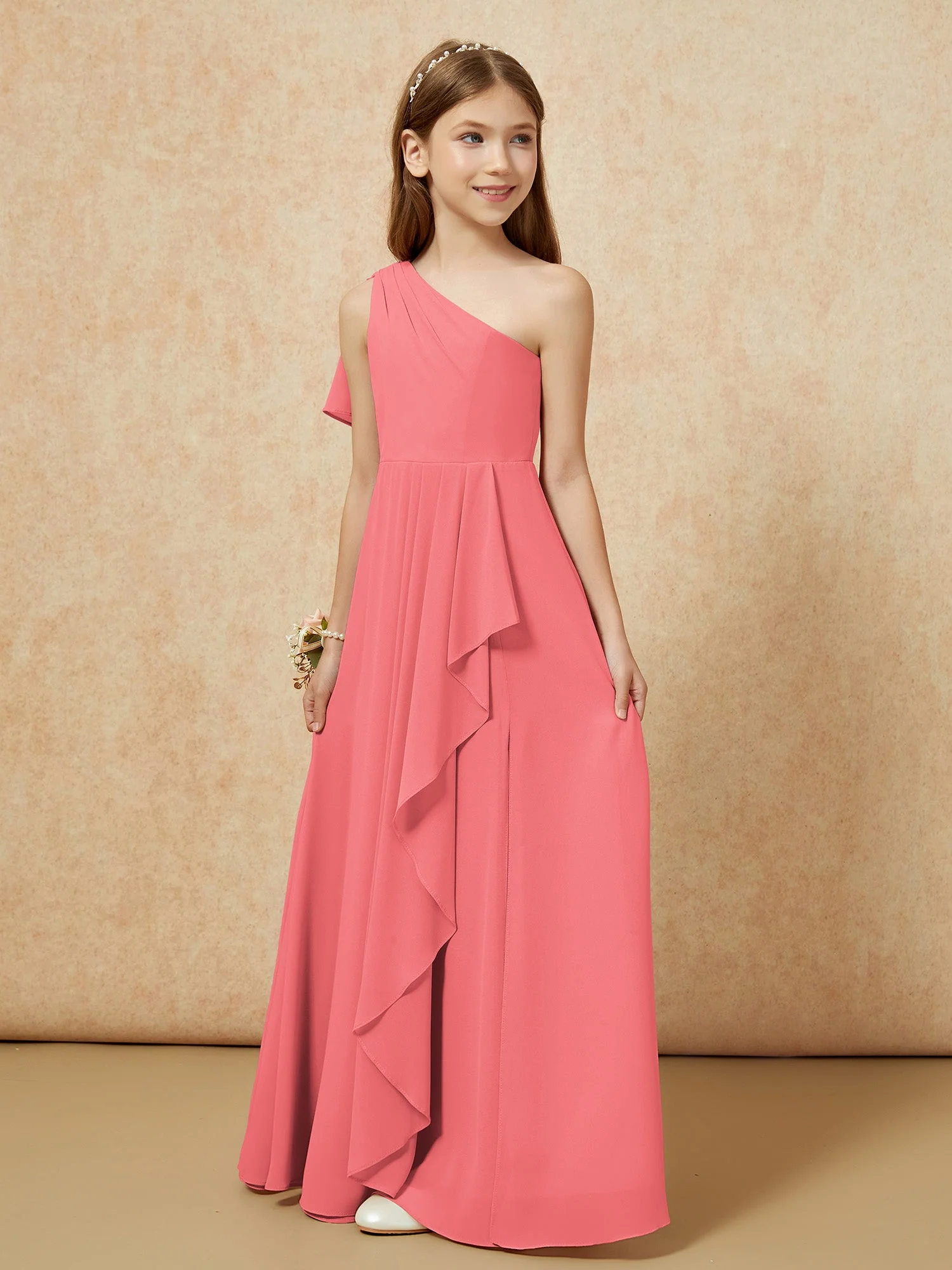 Eine Schulter A-Linie Lang Chiffon Junge Brautjungfernkleider Wassermelone - Image 5
