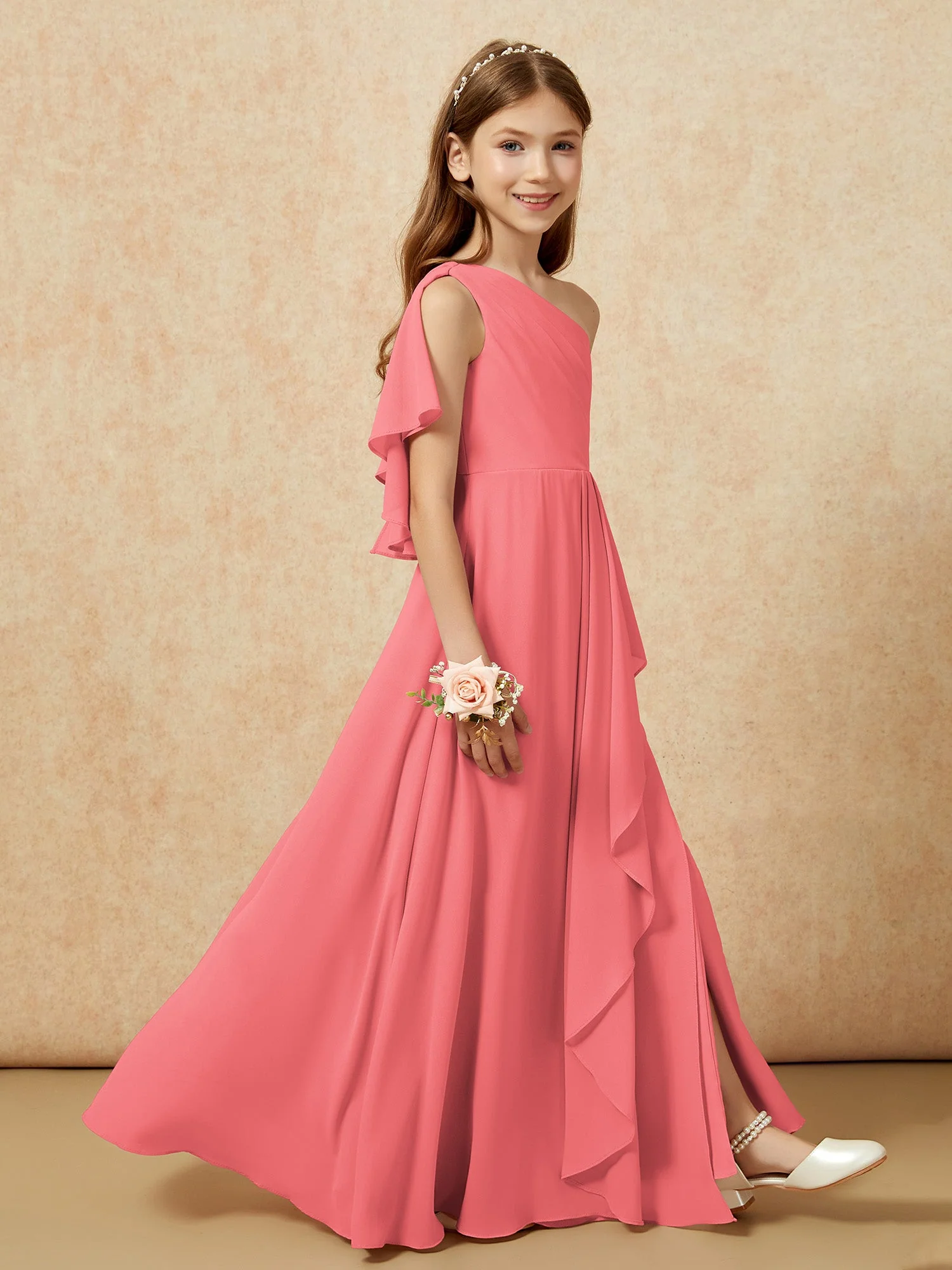 Eine Schulter A-Linie Lang Chiffon Junge Brautjungfernkleider Wassermelone - Image 6