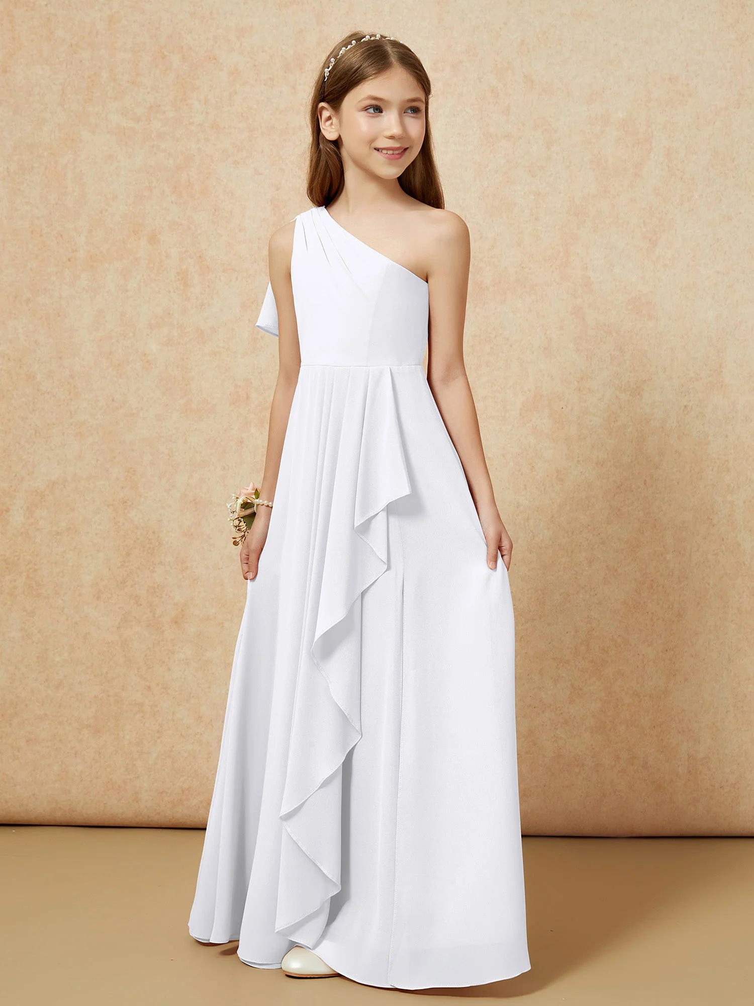 Eine Schulter A-Linie Lang Chiffon Junge Brautjungfernkleider Weiß - Image 5