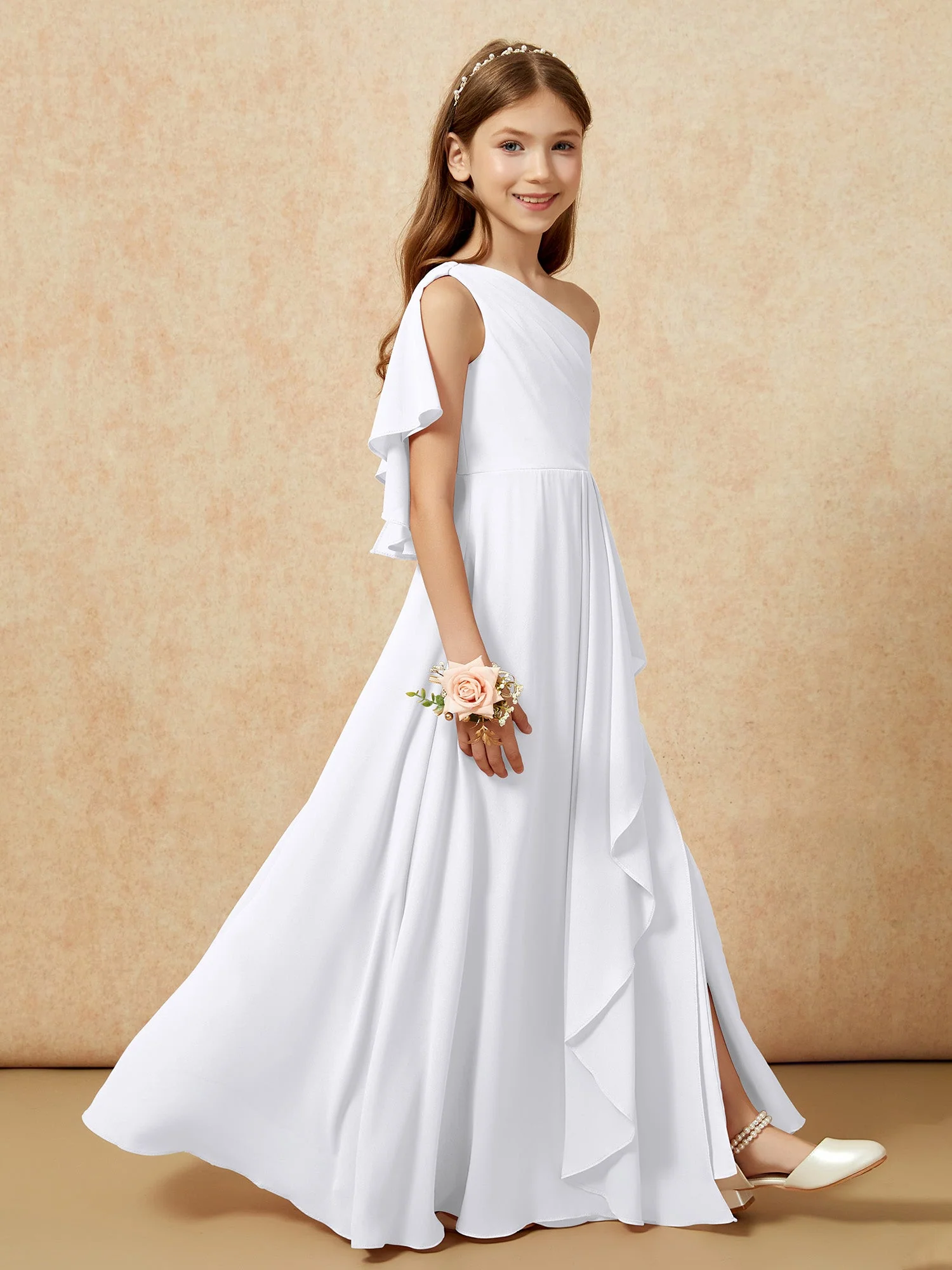 Eine Schulter A-Linie Lang Chiffon Junge Brautjungfernkleider Weiß - Image 6