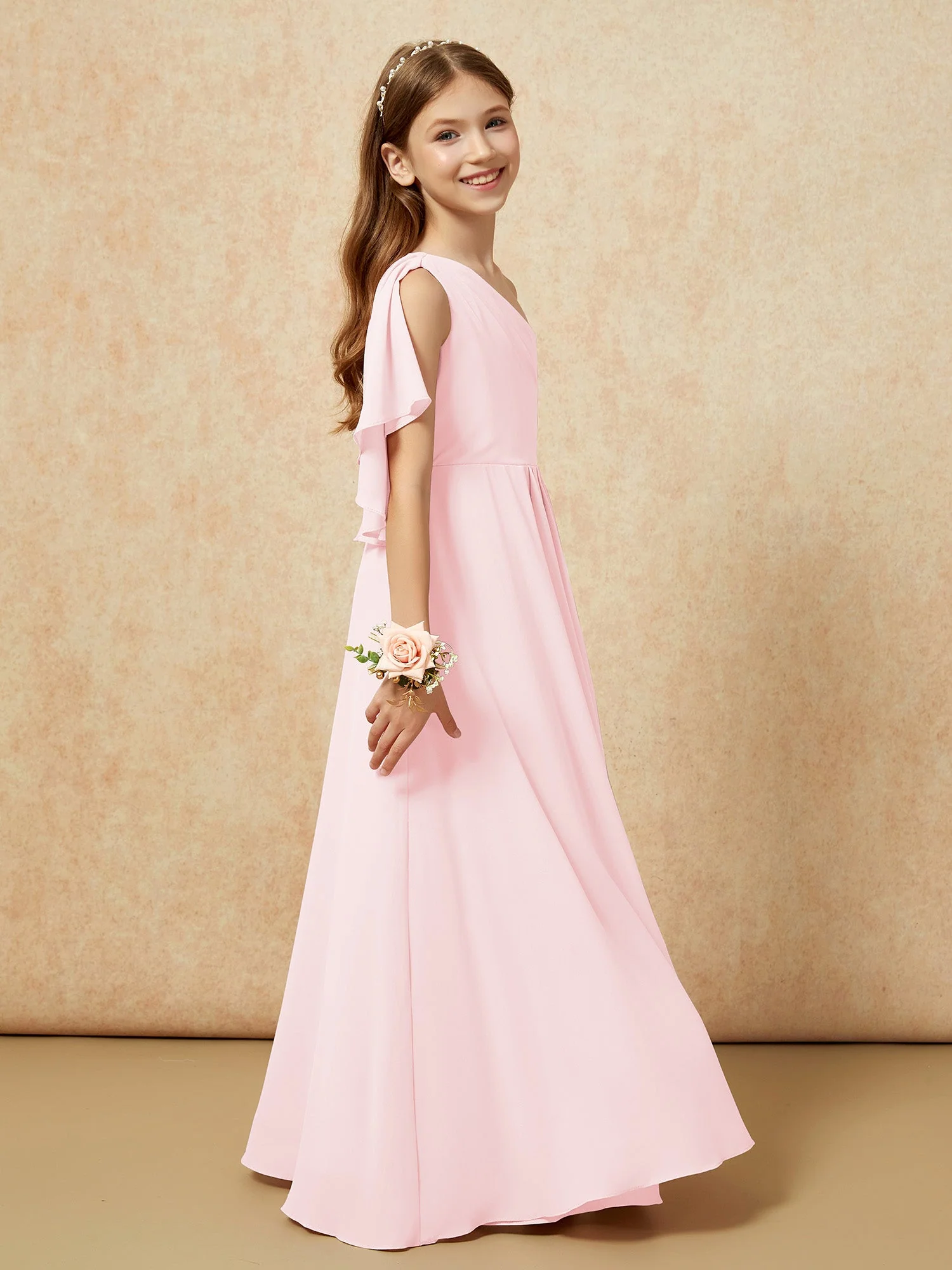 Eine Schulter A-Linie Lang Chiffon Junge Brautjungfernkleider Zartrosa - Image 2
