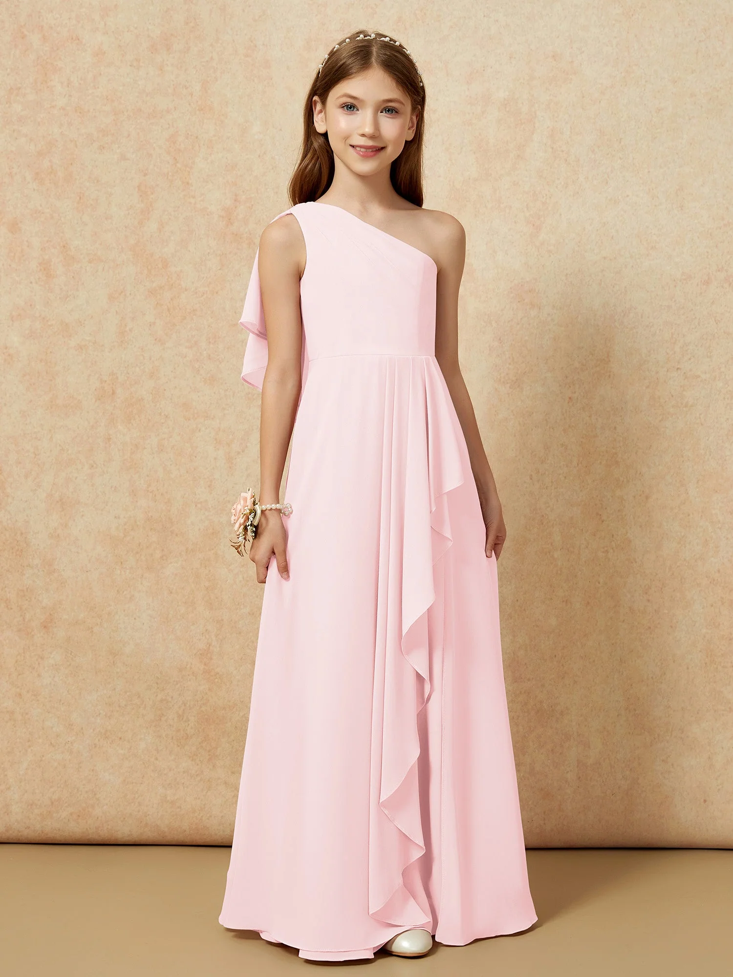 Eine Schulter A-Linie Lang Chiffon Junge Brautjungfernkleider Zartrosa - Image 4