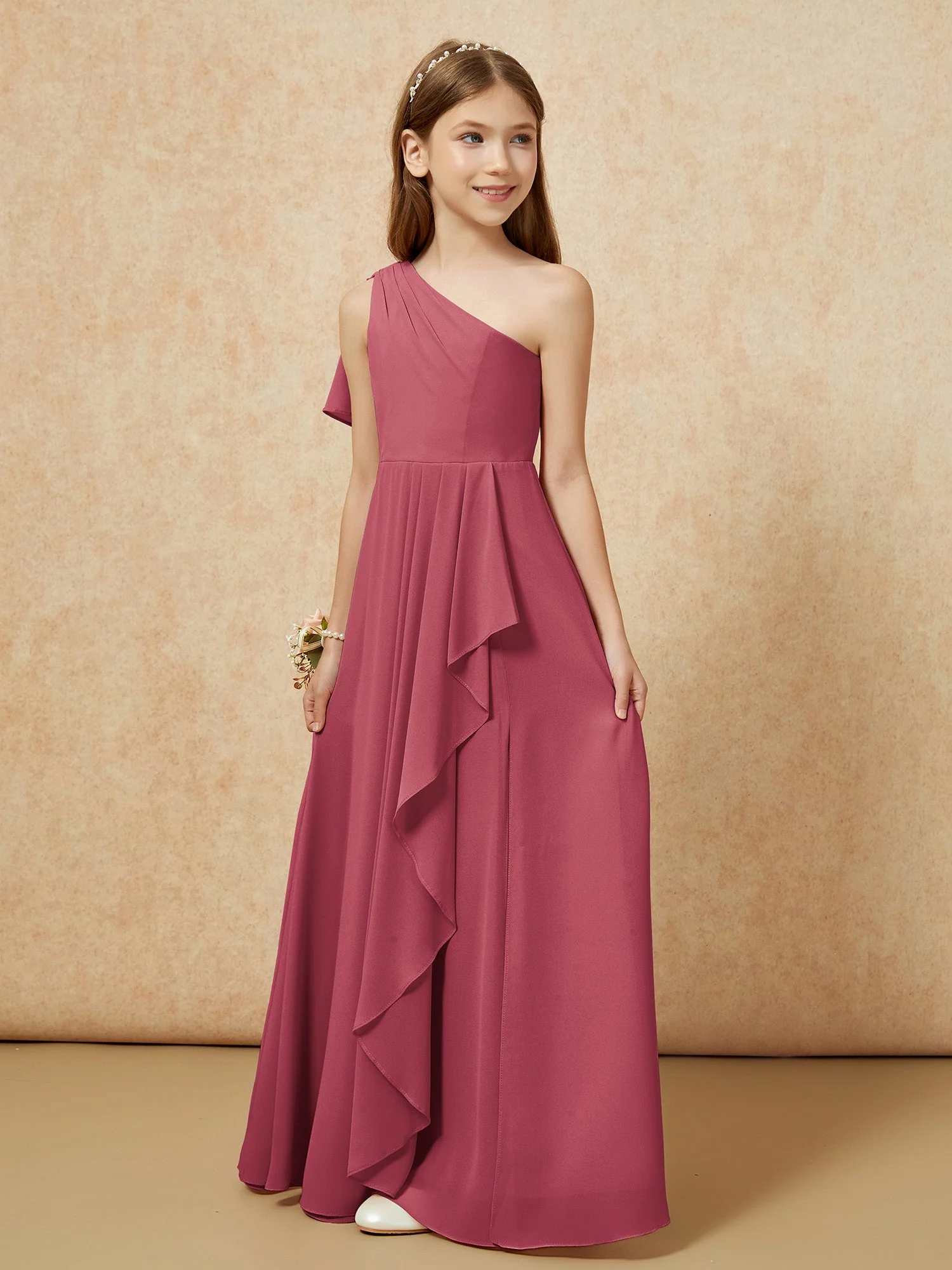 Eine Schulter A-Linie Lang Chiffon Junge Brautjungfernkleider Zimtrose - Image 5