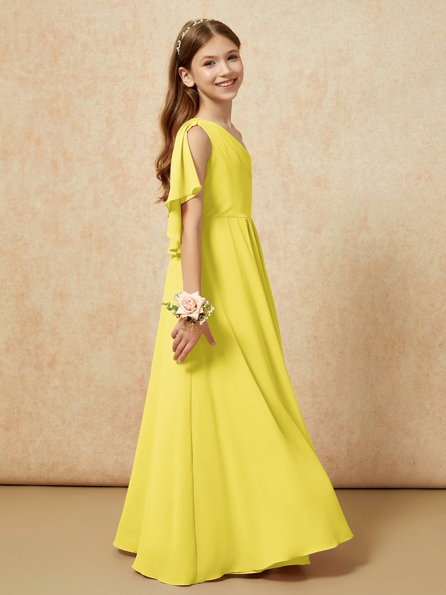 Eine Schulter A-Linie Lang Chiffon Junge Brautjungfernkleider Zitrone - Image 2